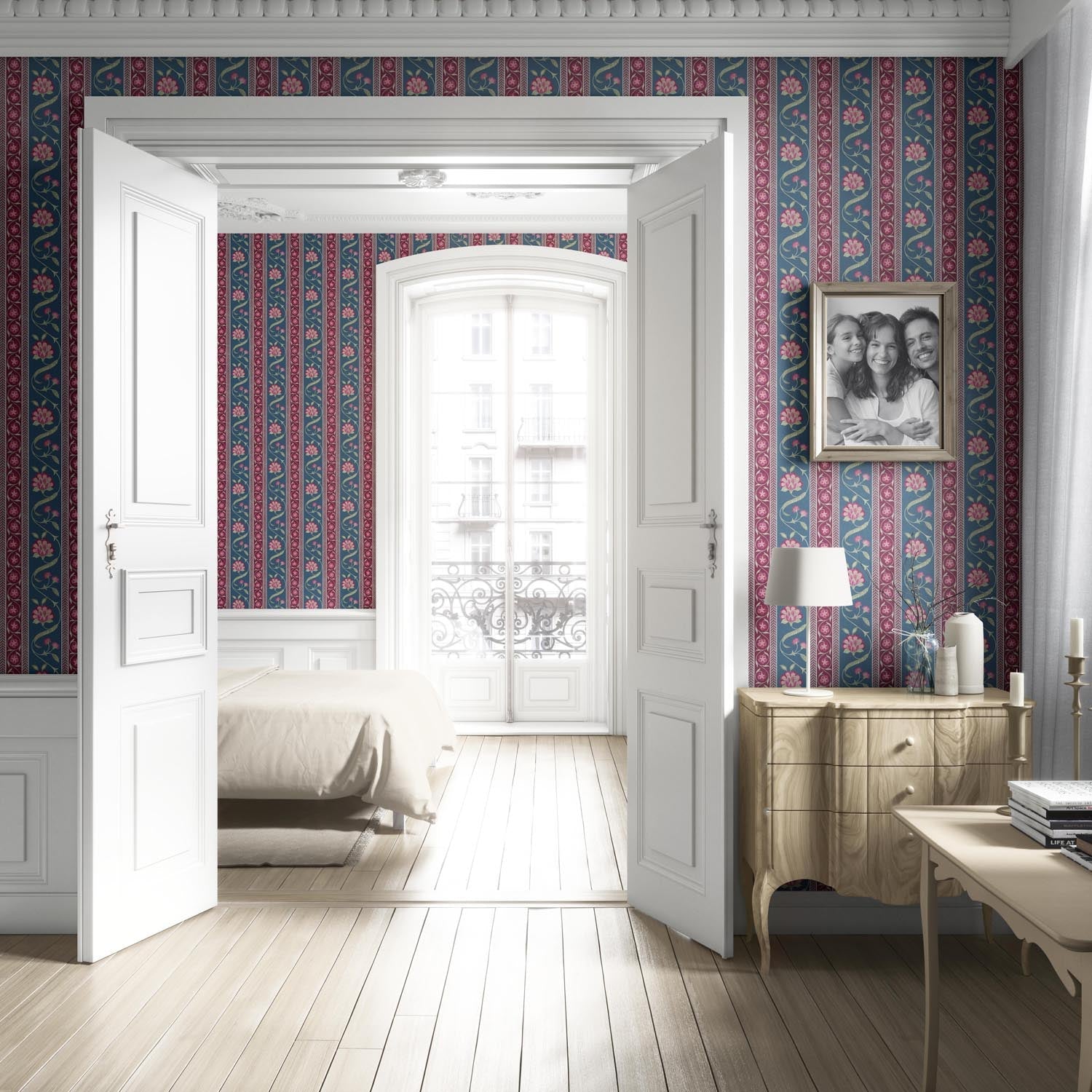 Floral Botanical Striped Living Room Wallpaper Sample (Teal Blue/ Pink/ Green)