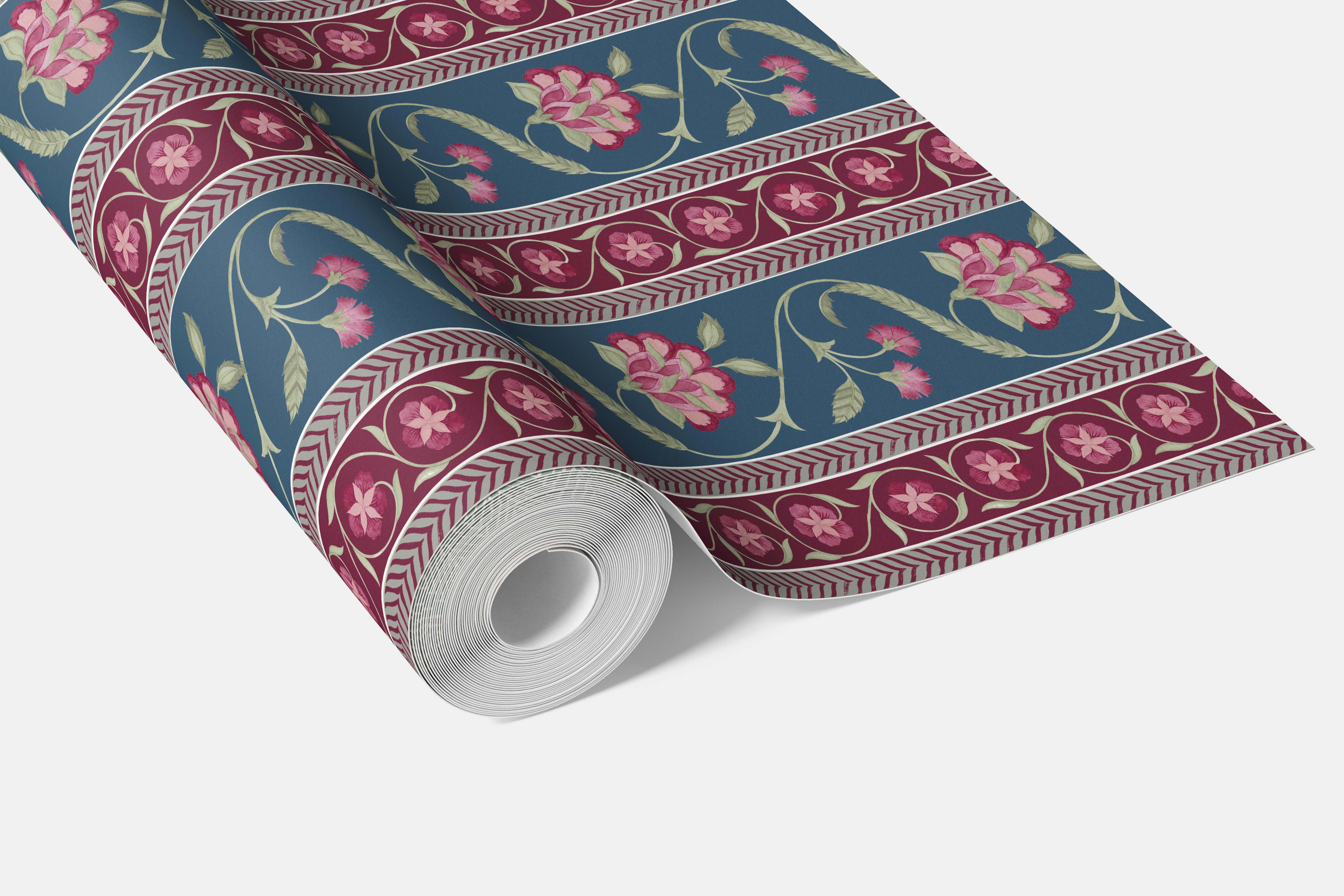 Floral Botanical Striped Bathroom Wallpaper Sample (Teal Blue/ Pink/ Green)