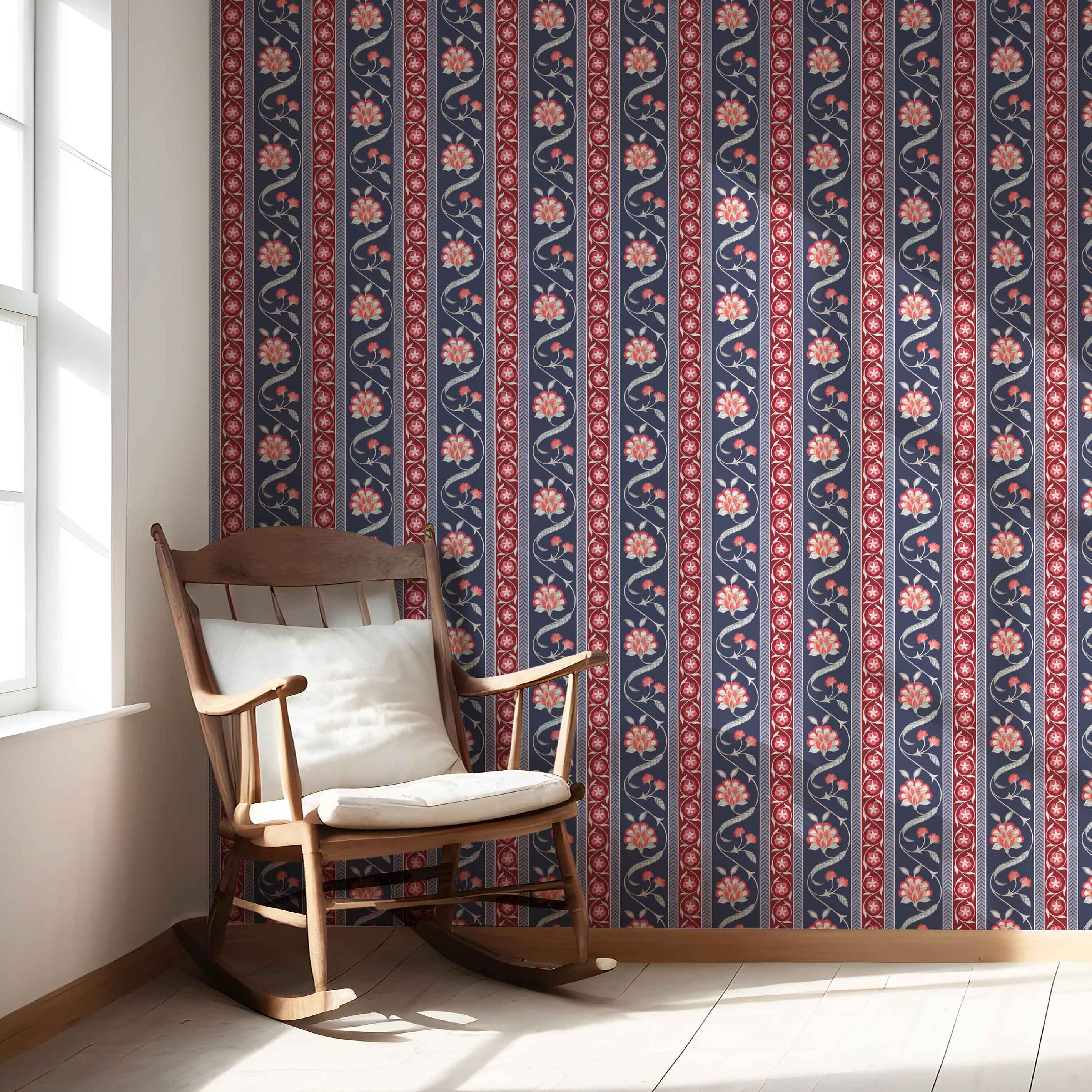 Floral Botanical Striped Nursery Wallpaper Sample (Navy Blue/ Red/ Gray)