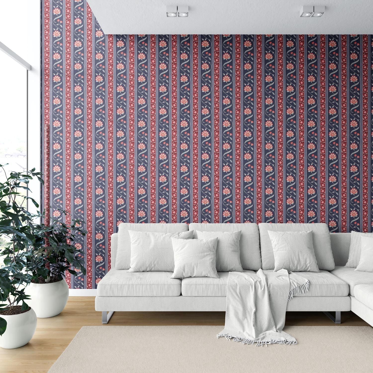 Floral Botanical Striped Shower Toilet Wallpaper Sample (Navy Blue/ Red/ Gray)