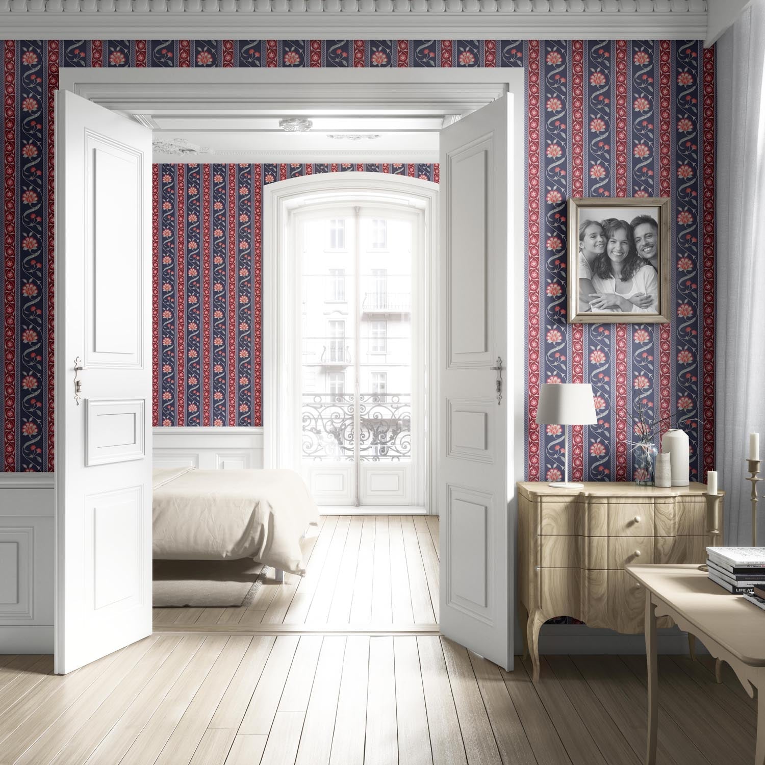 Floral Botanical Striped Living Room Wallpaper Sample (Navy Blue/ Red/ Gray)
