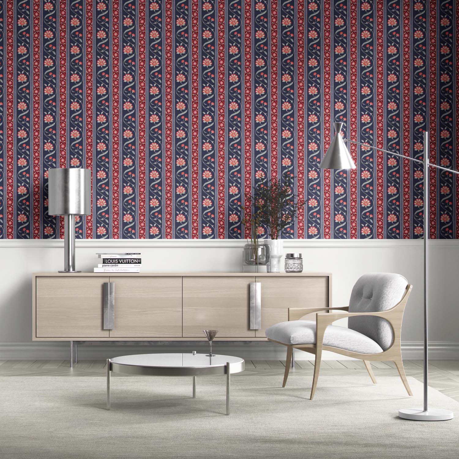Floral Botanical Striped Kitchen Wallpaper Sample (Navy Blue/ Red/ Gray)