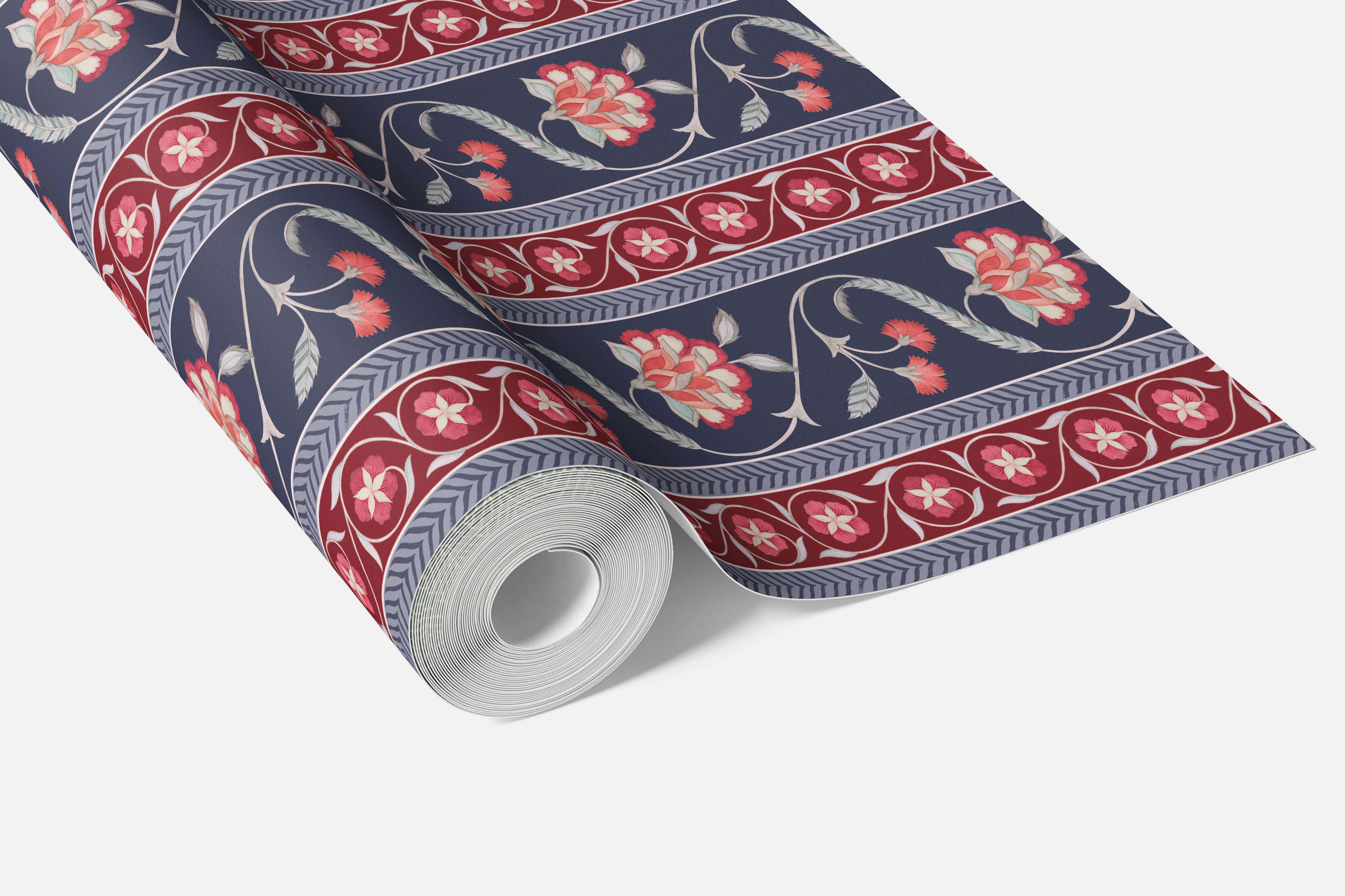 Floral Botanical Striped Bathroom Wallpaper Sample (Navy Blue/ Red/ Gray)