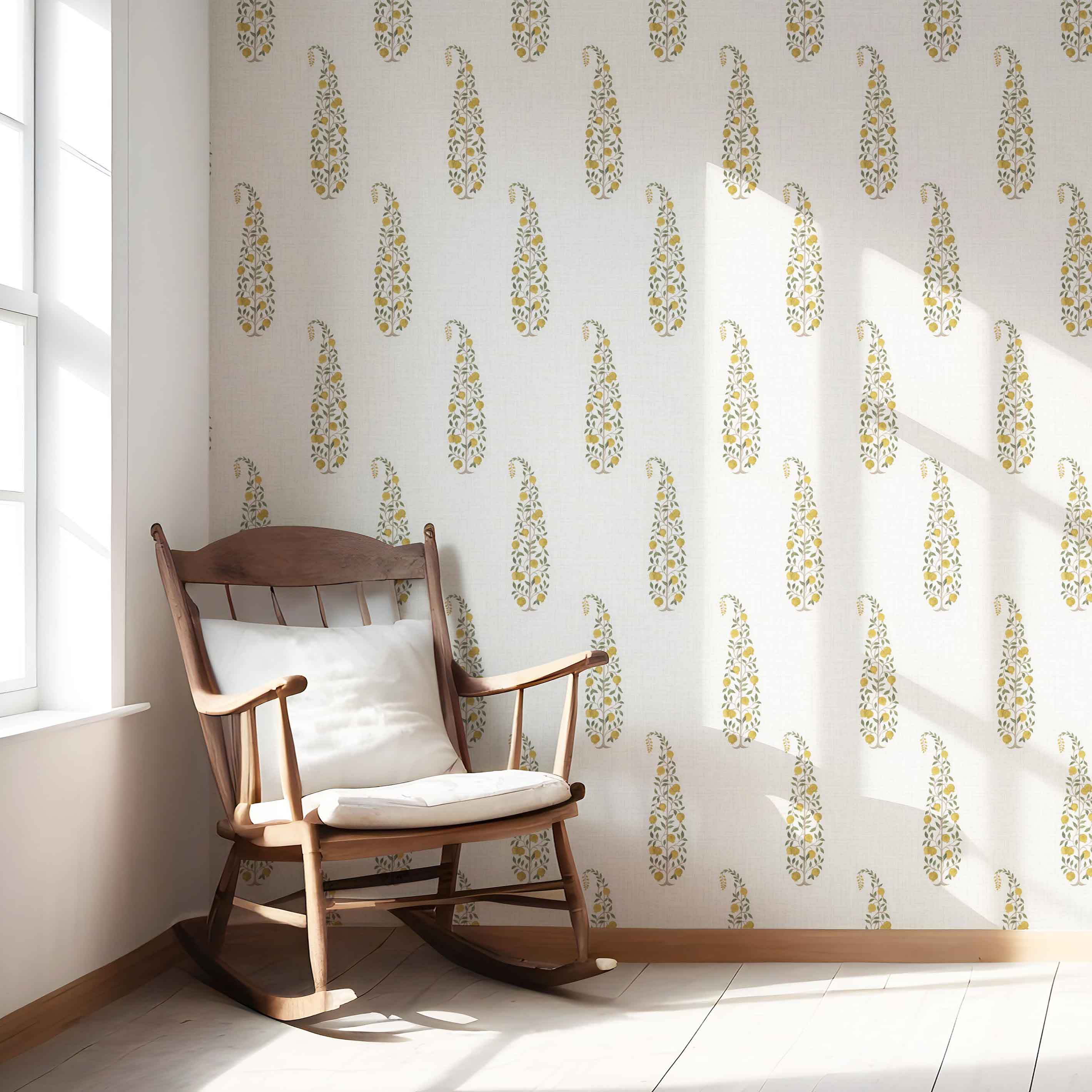 Ethnic/ Vintage-Inspired Floral Paisley Kitchen Wallpaper Sample (Yellow/ Green/ Off-White)