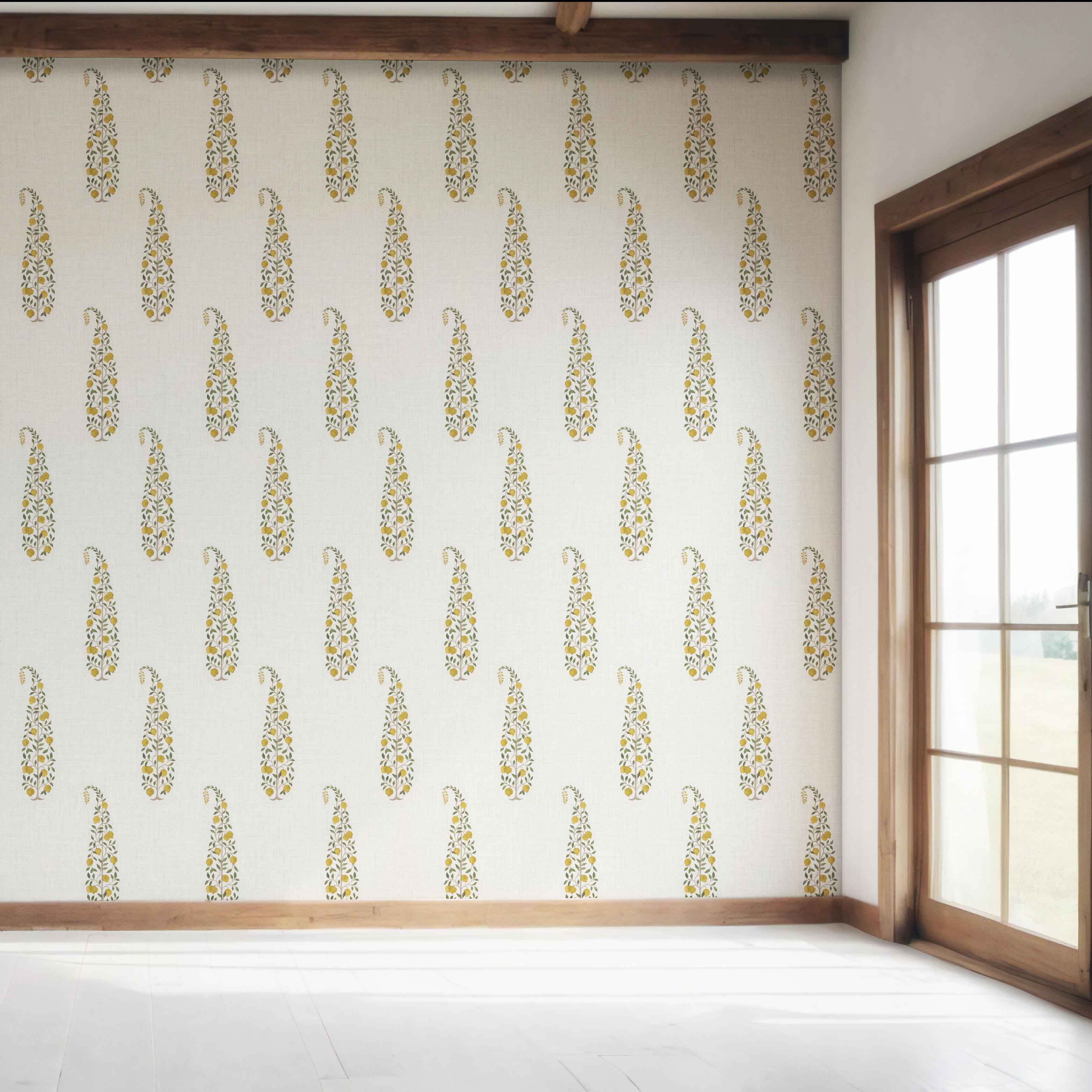 Ethnic/ Vintage-Inspired Floral Paisley Bedroom Wallpaper Sample (Yellow/ Green/ Off-White)