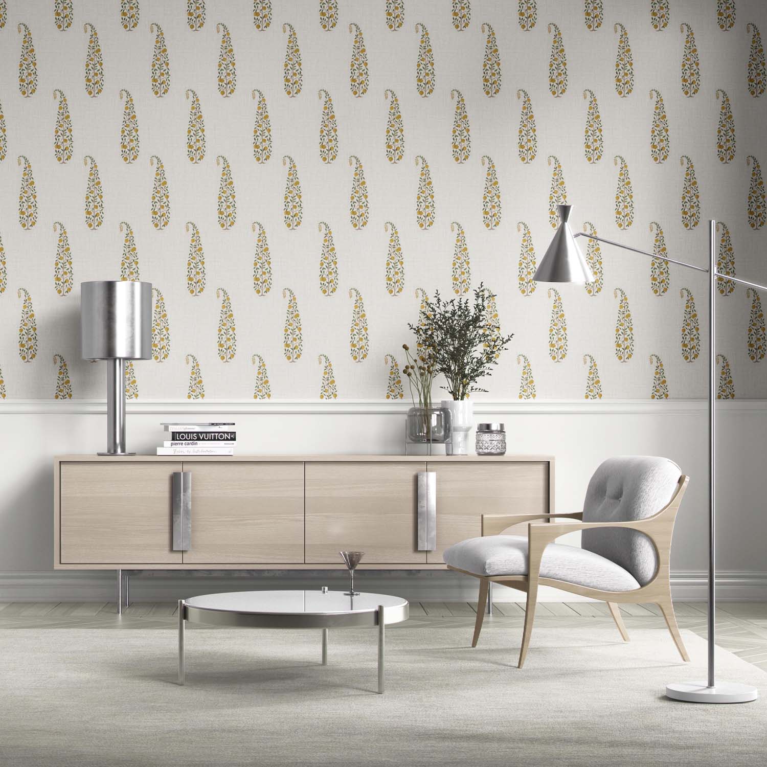 Ethnic/ Vintage-Inspired Floral Paisley Living Room Wallpaper Sample (Yellow/ Green/ Off-White)