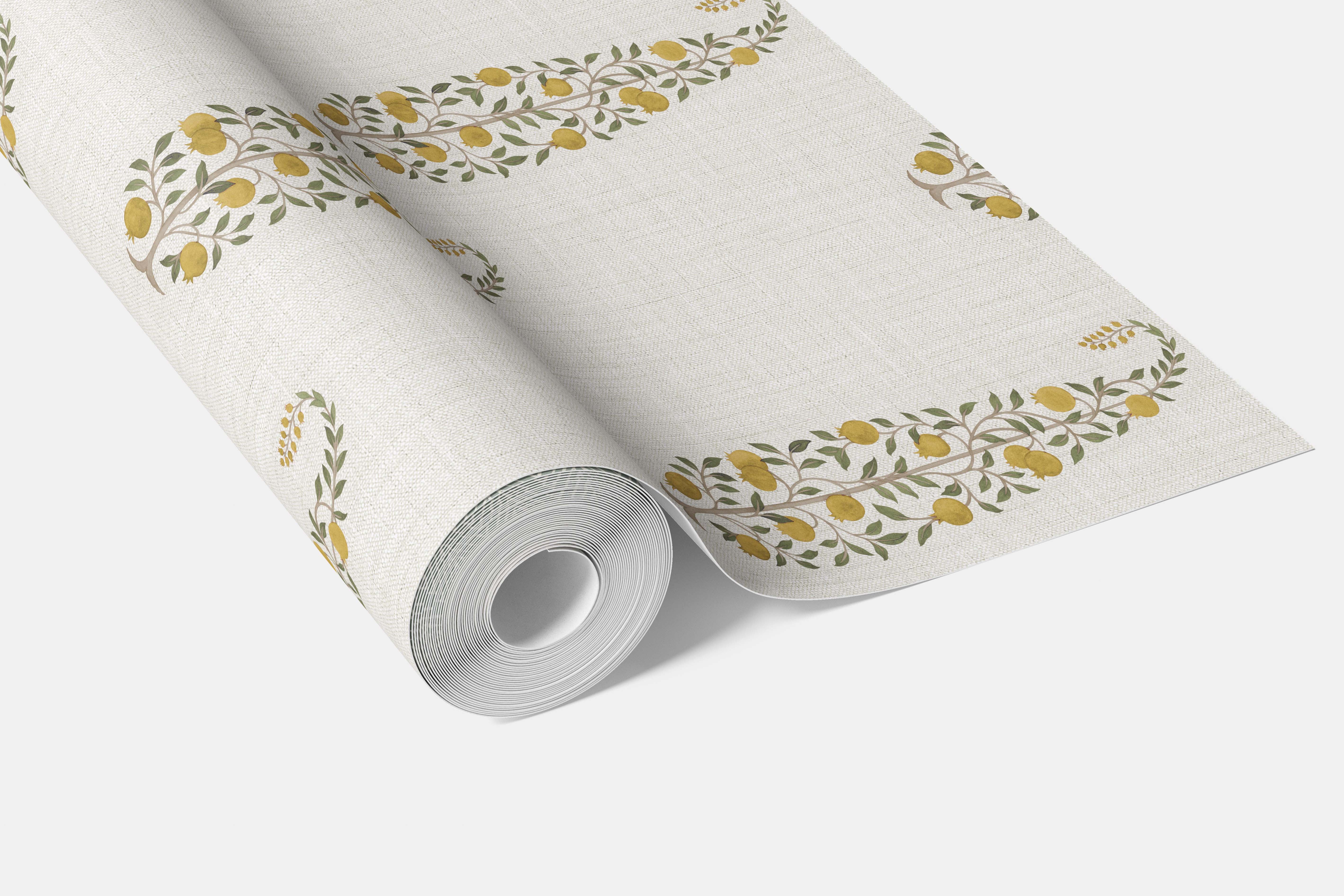 Ethnic/ Vintage-Inspired Floral Paisley Bathroom Wallpaper Sample (Yellow/ Green/ Off-White)