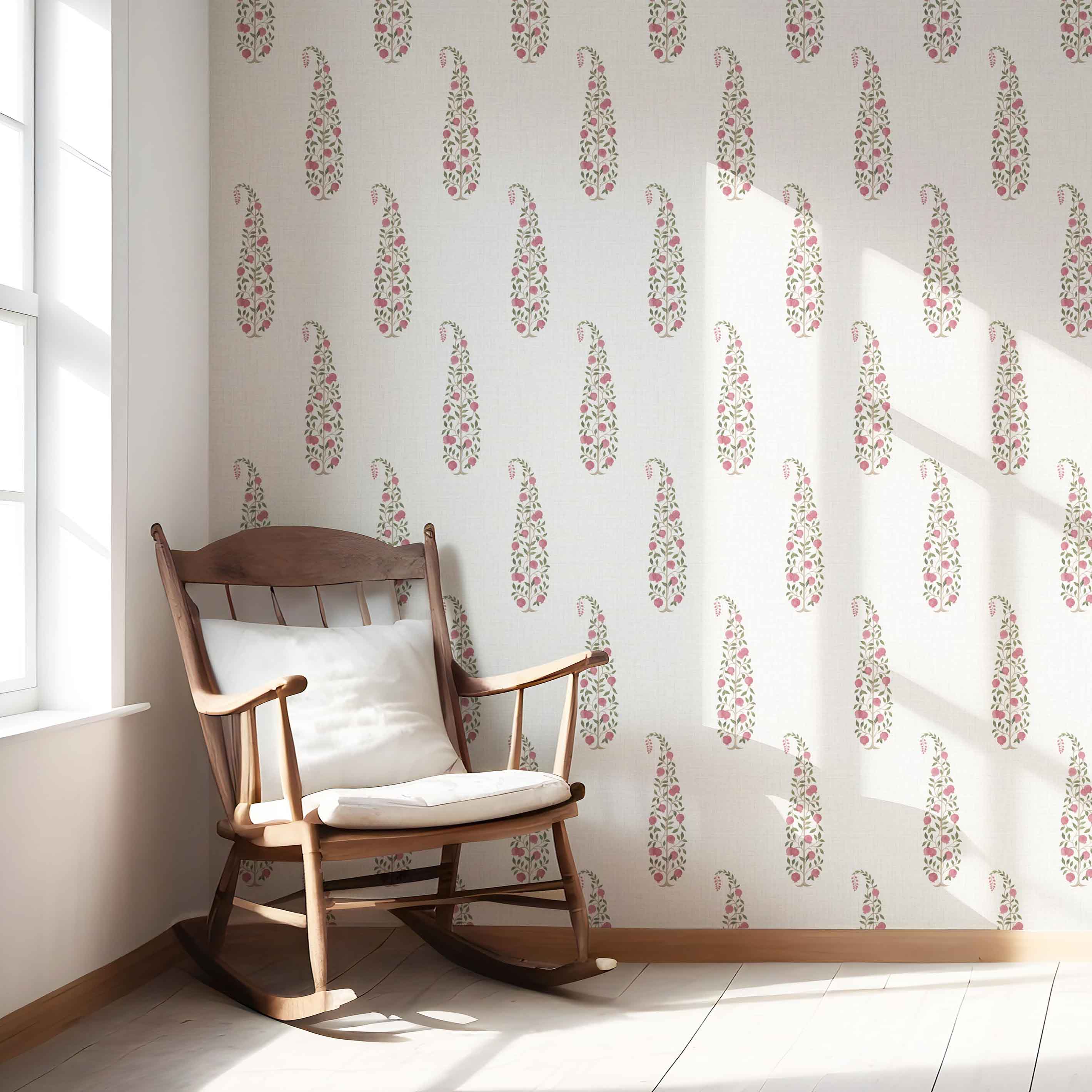 Ethnic/ Vintage-Inspired Floral Paisley Kitchen Wallpaper Sample (Pink/ Green/ Off-White)