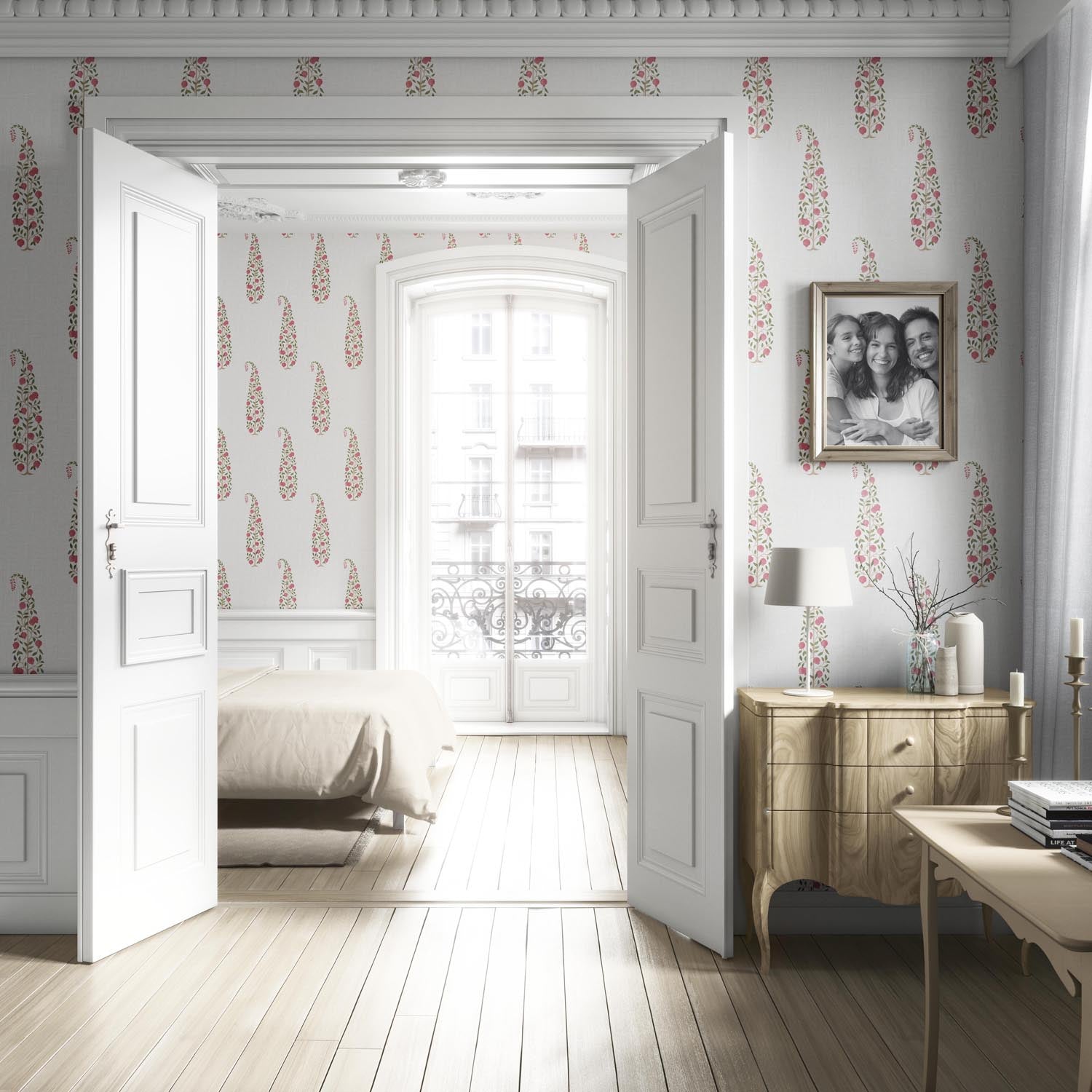 Ethnic/ Vintage-Inspired Floral Paisley Nursery Wallpaper Sample (Pink/ Green/ Off-White)