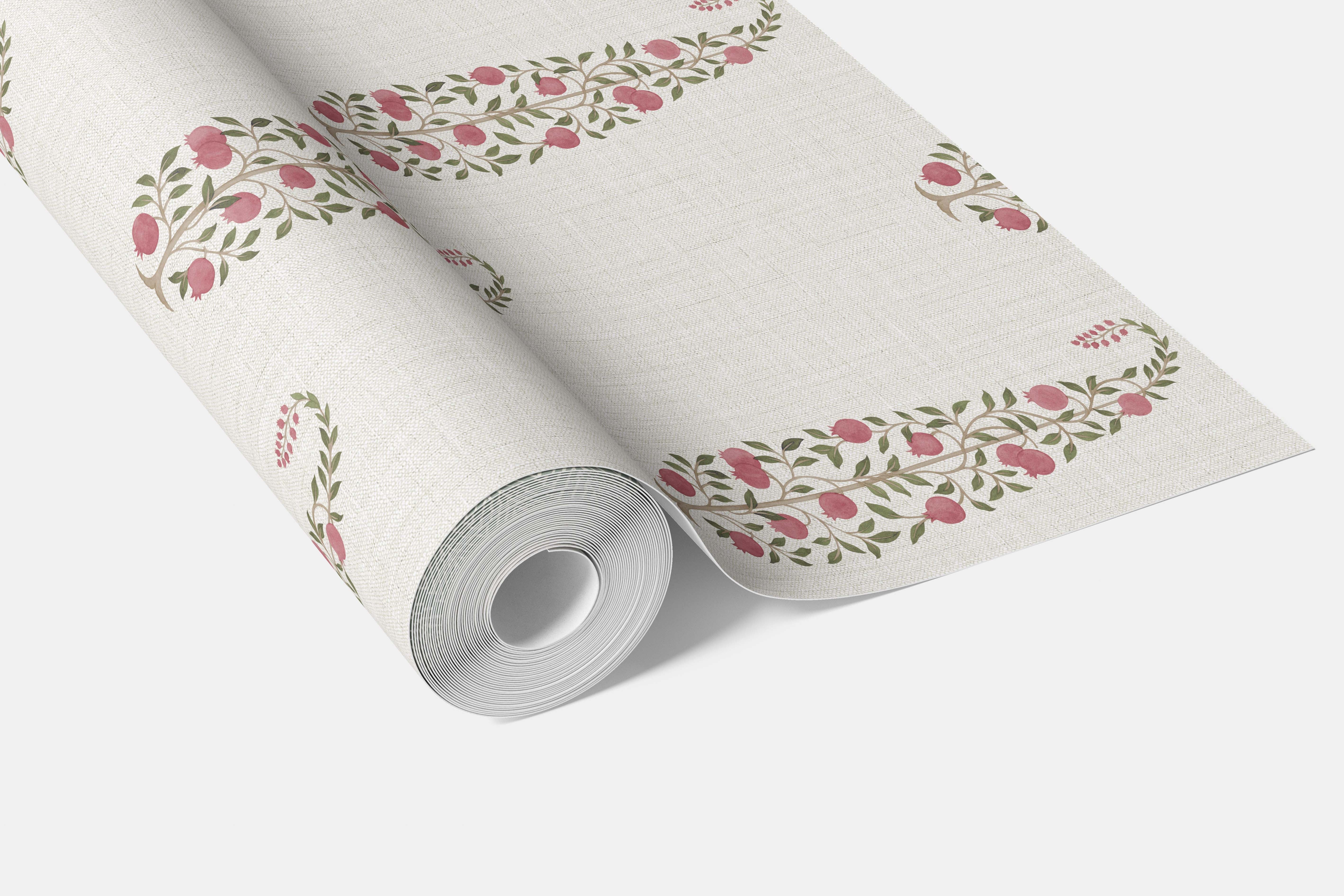 Ethnic/ Vintage-Inspired Floral Paisley Bathroom Wallpaper Sample (Pink/ Green/ Off-White)