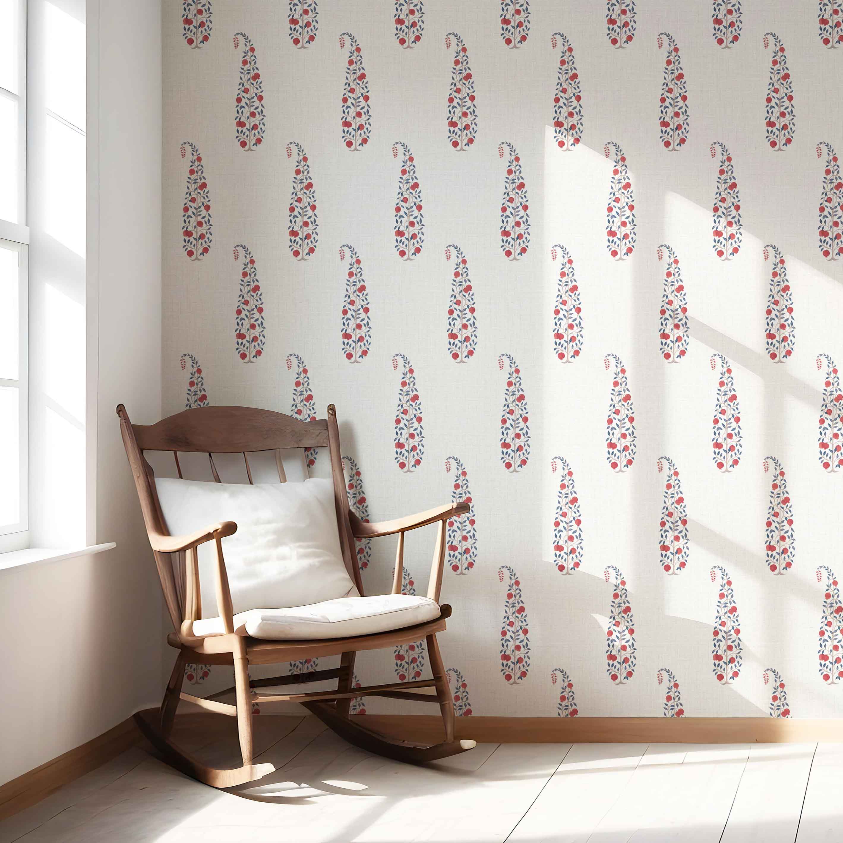 Ethnic/ Vintage-Inspired Floral Paisley Kitchen Wallpaper Sample (Red/ Navy Blue/ Off-White)