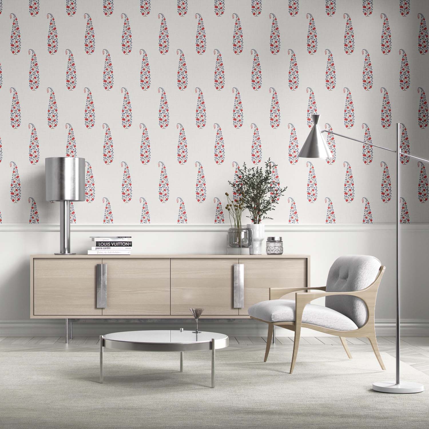 Ethnic/ Vintage-Inspired Floral Paisley Living Room Wallpaper Sample (Red/ Navy Blue/ Off-White)