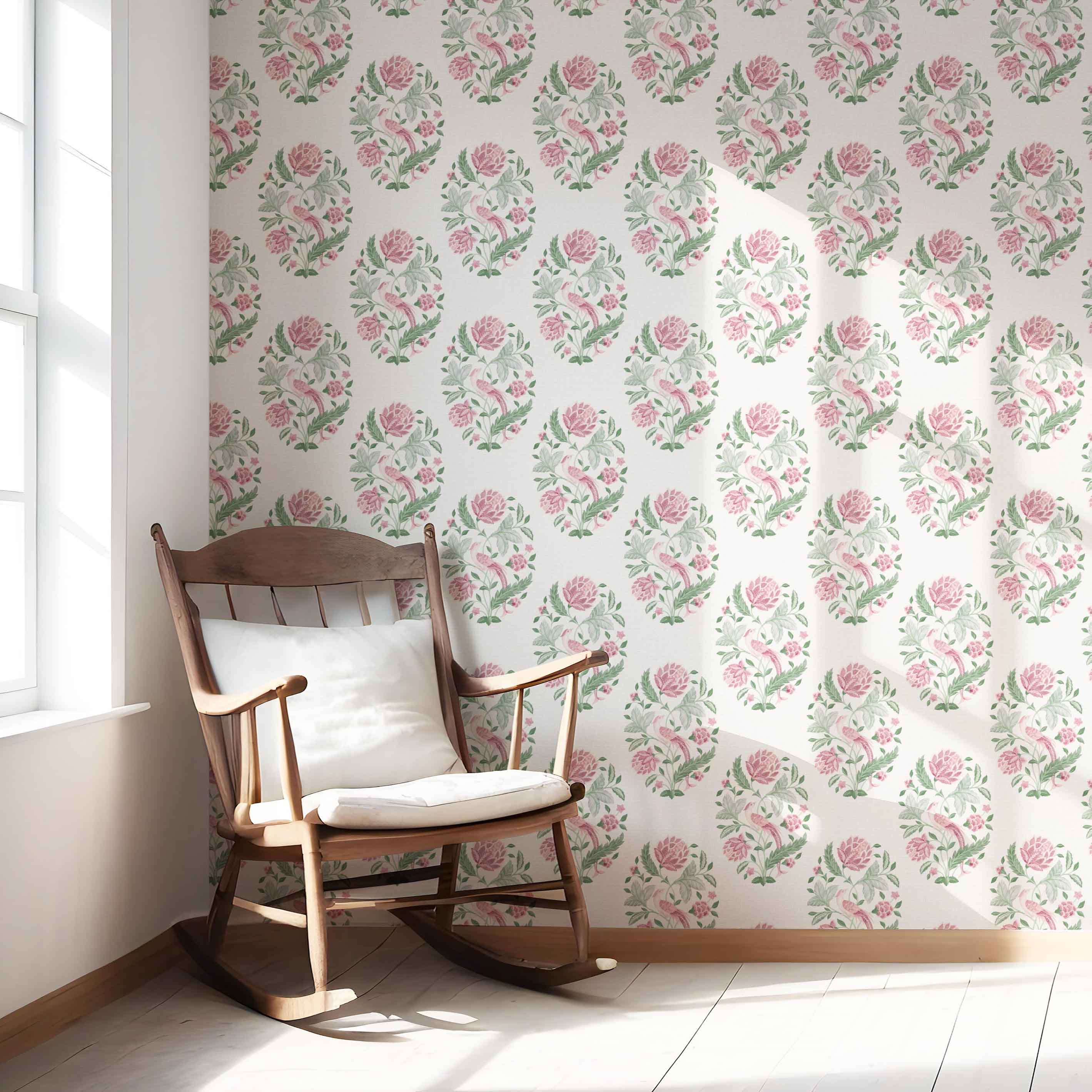 Birds/ Floral Block Print Nursery Wallpaper Sample (Pink/ Green)