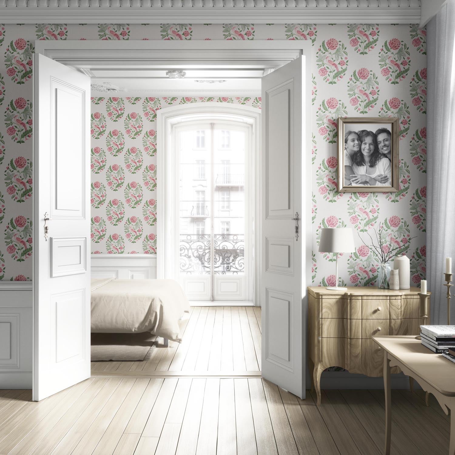 Birds/ Floral Block Print Living Room Wallpaper (Pink/ Green)