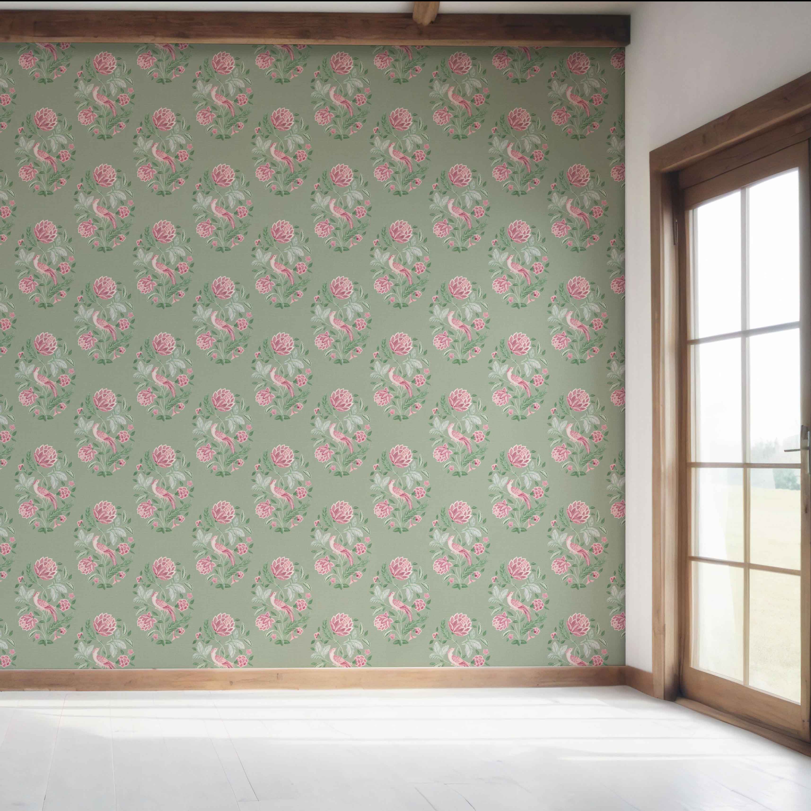 Birds/ Floral Block Print Bedroom Wallpaper (Sage Green/ Pink)