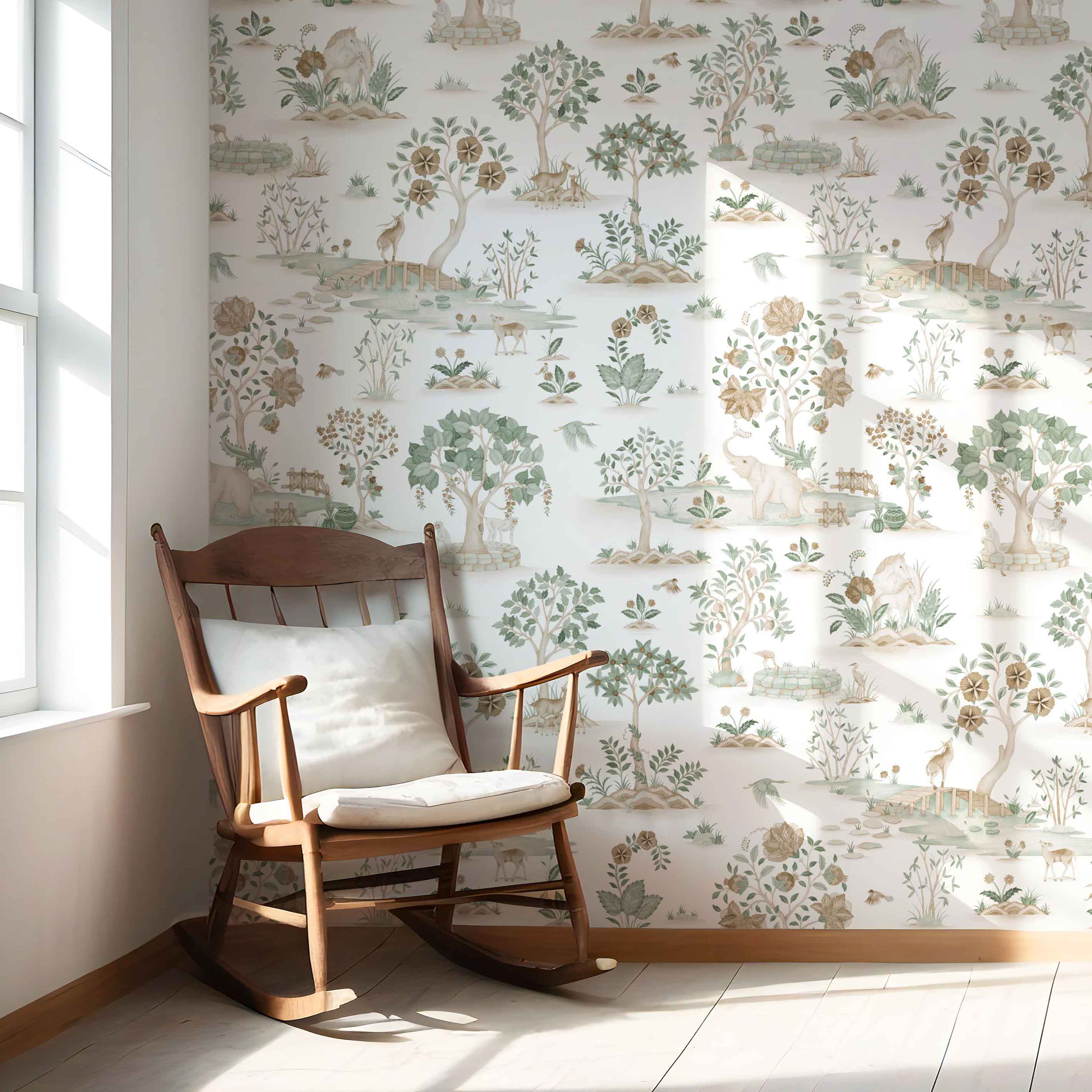 Modern Floral Botanical/ Nature Print Nursery Wallpaper Sample (White/ Beige/ Green/ Brown/ Gray)