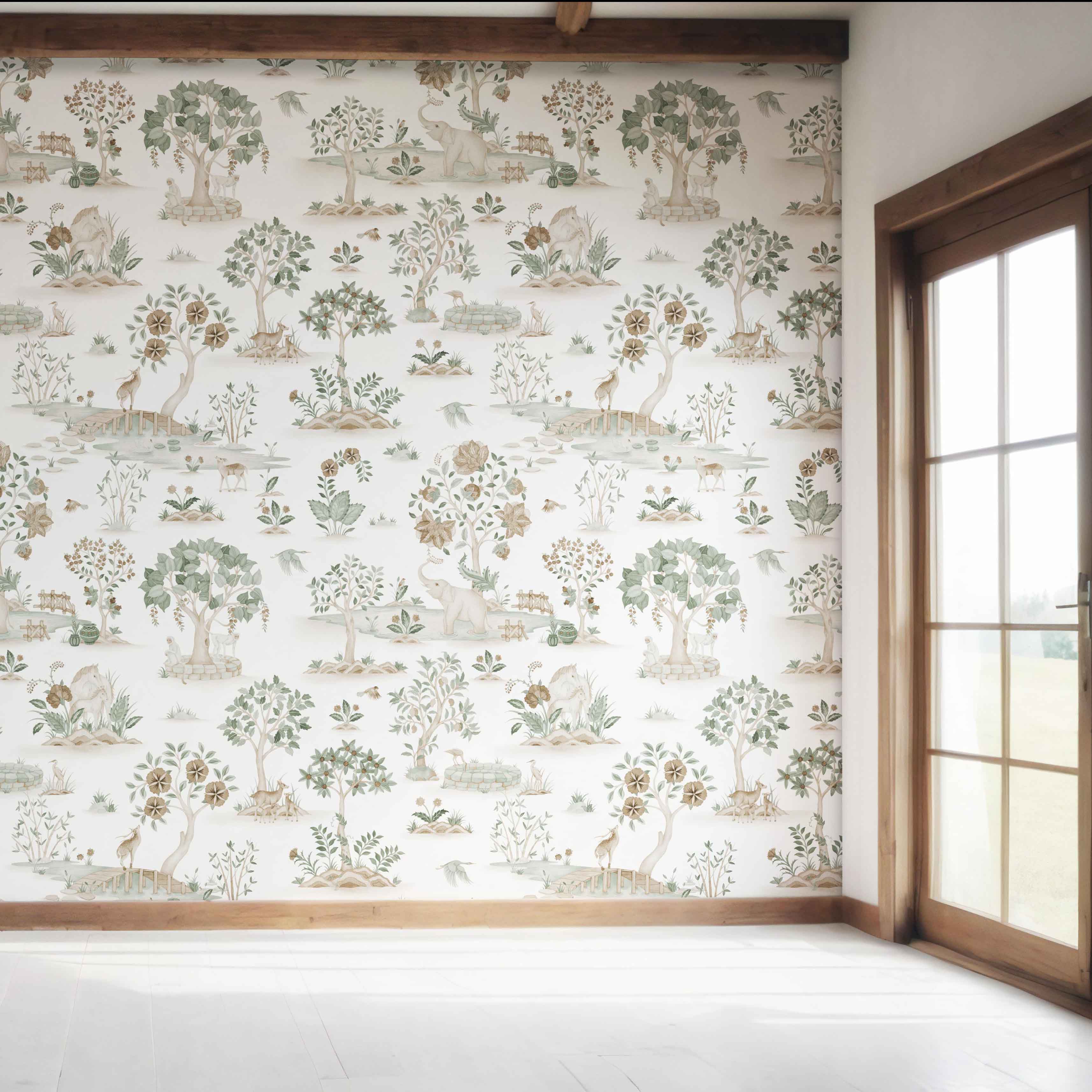 Modern Floral Botanical/ Nature Print Bedroom Wallpaper Sample (White/ Beige/ Green/ Brown/ Gray)