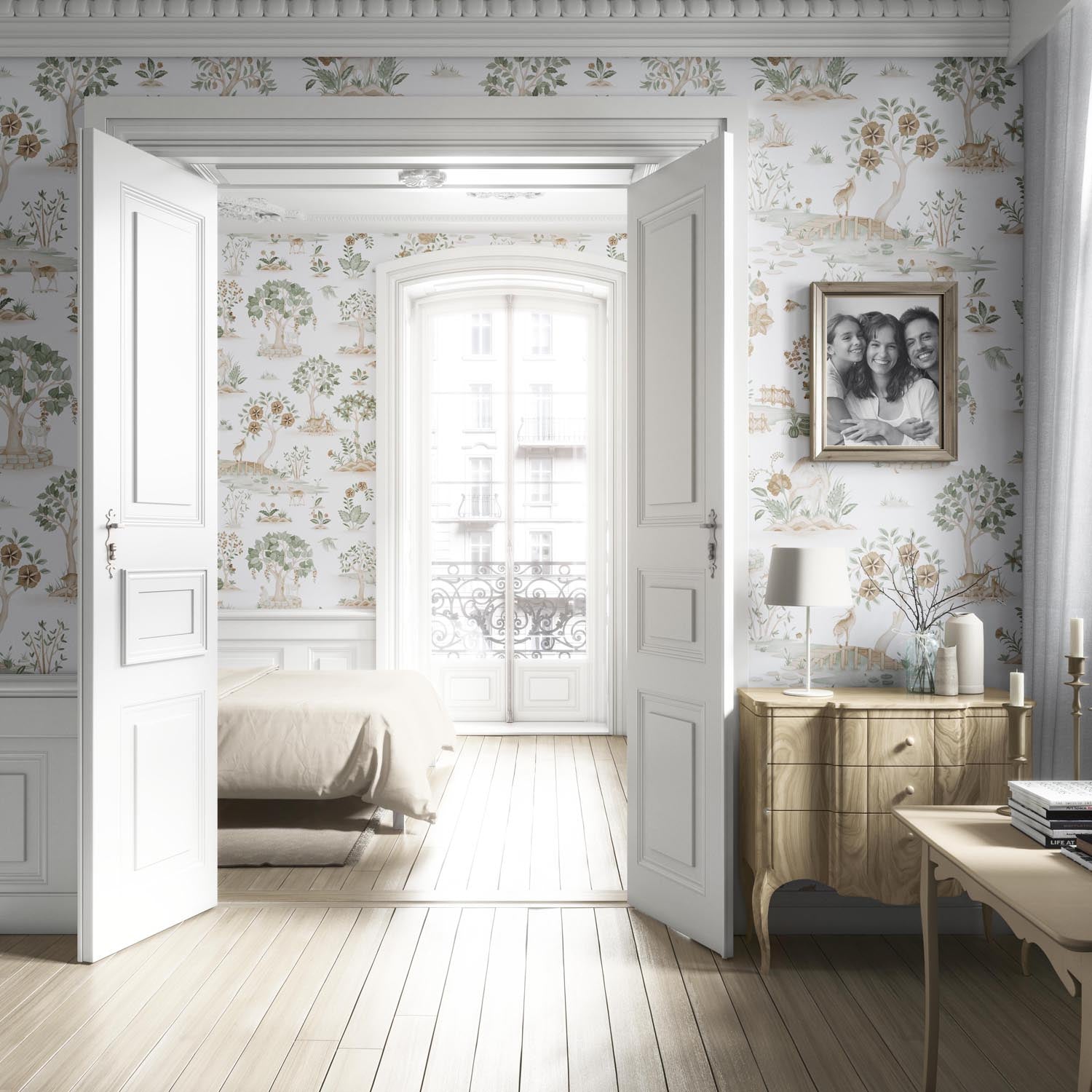 Modern Floral Botanical/ Nature Print Living Room Wallpaper Sample (White/ Beige/ Green/ Brown/ Gray)