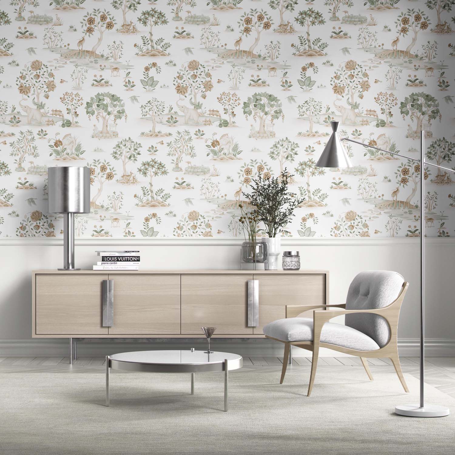 Modern Floral Botanical/ Nature Print Kitchen Wallpaper Sample (White/ Beige/ Green/ Brown/ Gray)