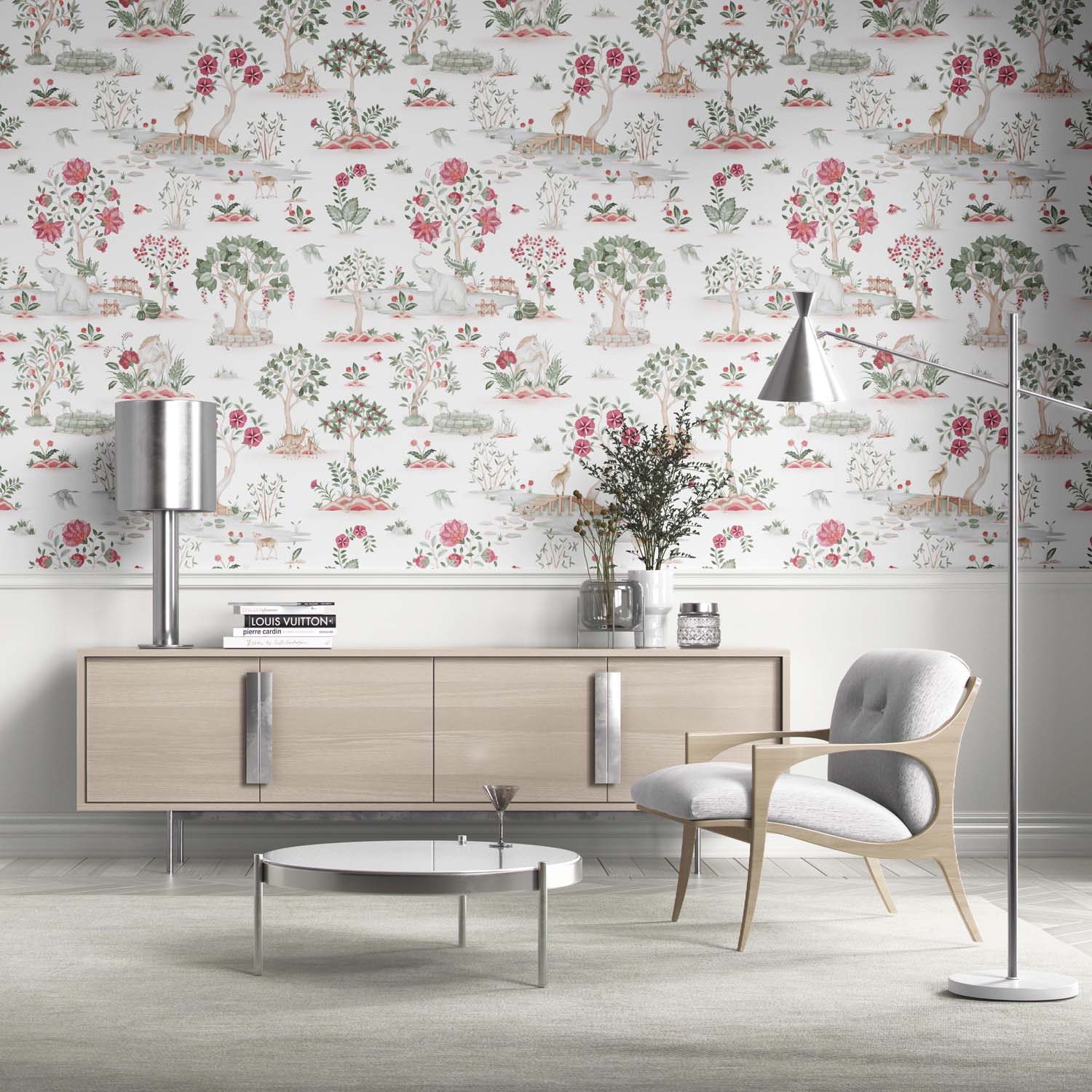 Modern Floral Botanical/ Nature Print Kitchen Wallpaper (White/ Pink/ Red/ Green/ Gray)