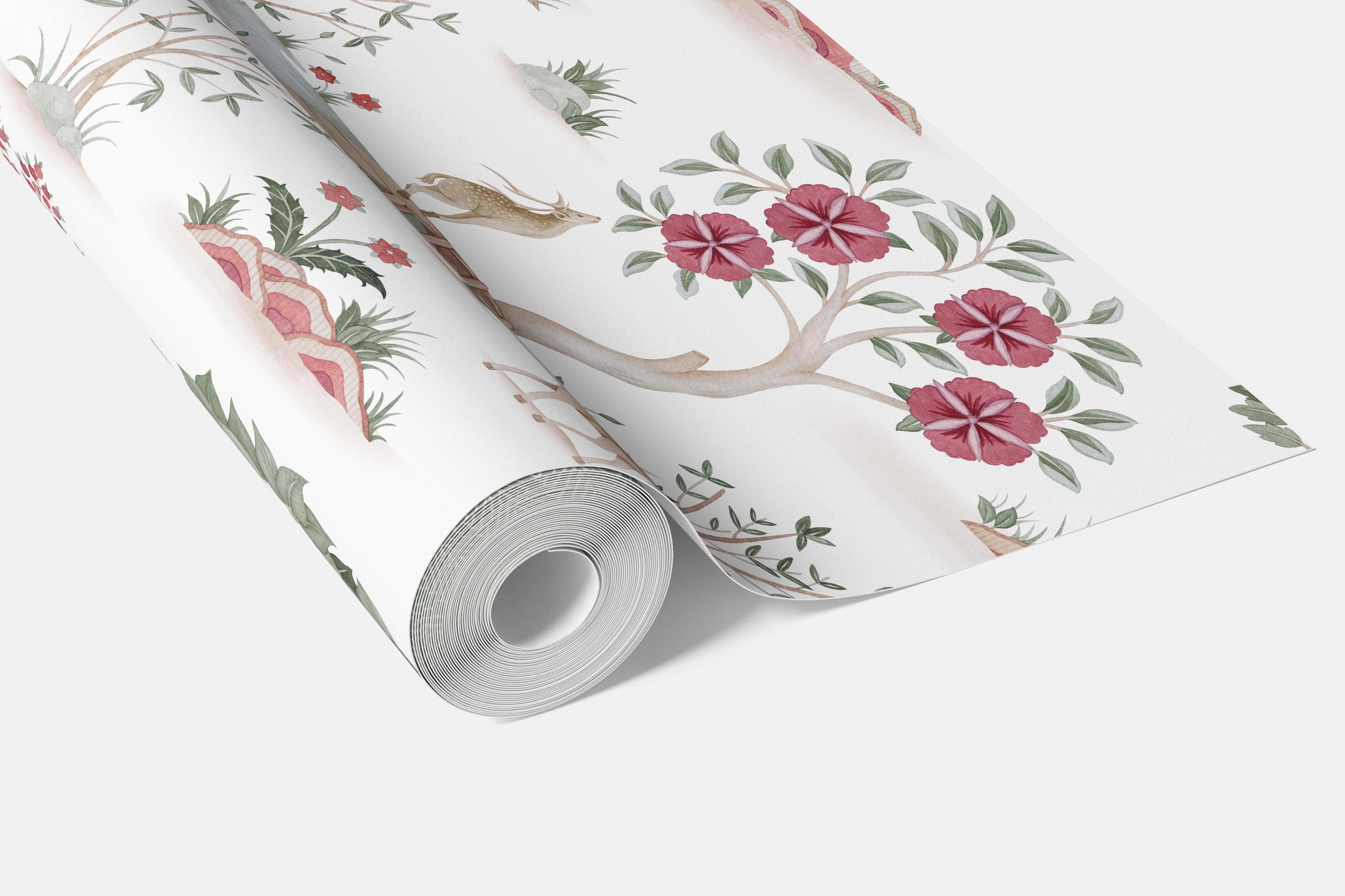 Modern Floral Botanical/ Nature Print Bathroom Wallpaper Sample (White/ Pink/ Red/ Green/ Gray)