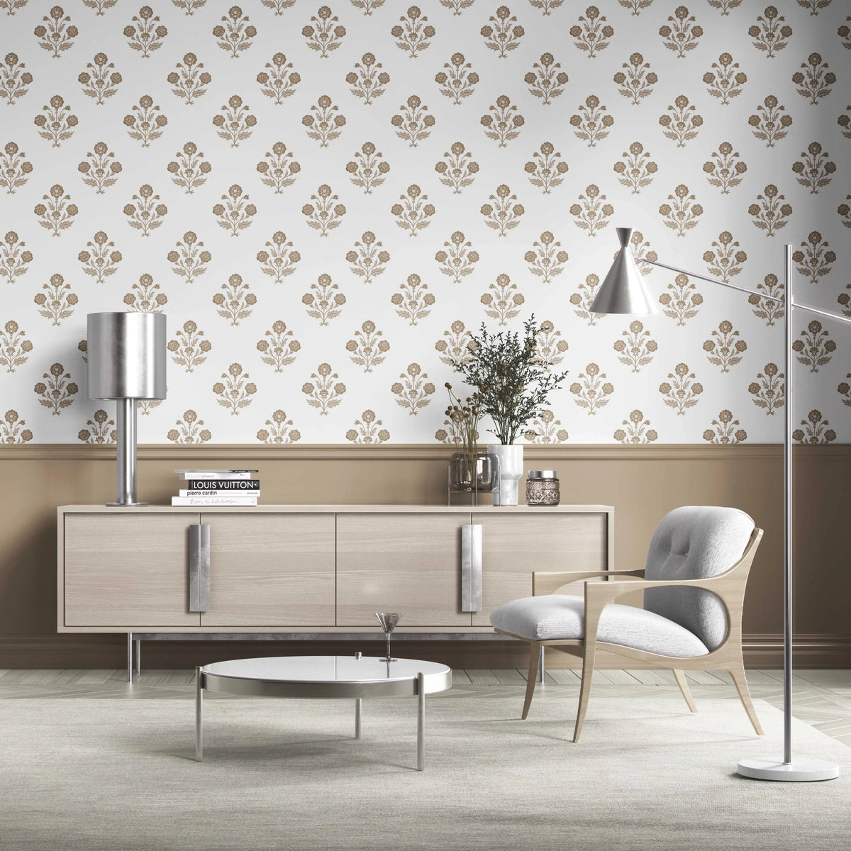 Neutral Floral Block Print Kitchen Wallpaper (Brown/ White)