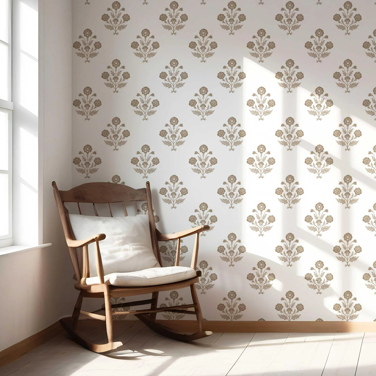 Neutral Floral Block Print Nursery Wallpaper Sample (Brown/ White)