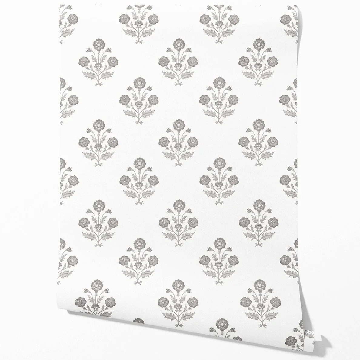 Neutral Floral Block Print Traditional Wallpaper Sample (Stormy Gray/ Taupe/ White)