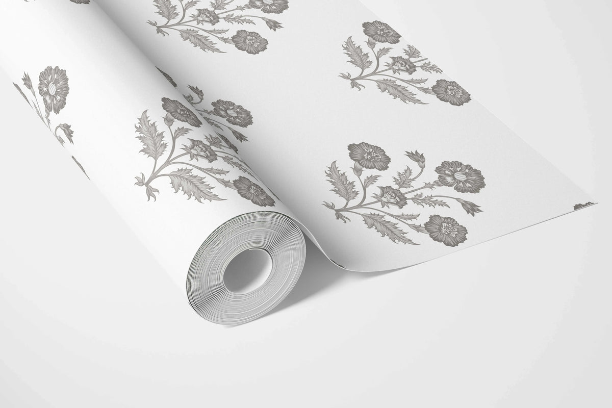 Neutral Floral Block Print Bathroom Wallpaper (Stormy Gray/ Taupe/ White)
