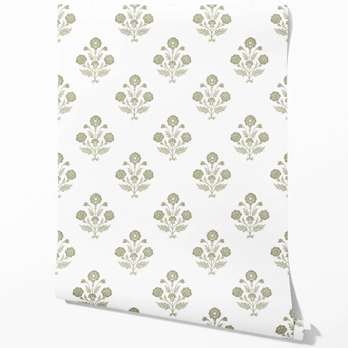 Floral Block Print Traditional Wallpaper Sample (Olive Green/ White)
