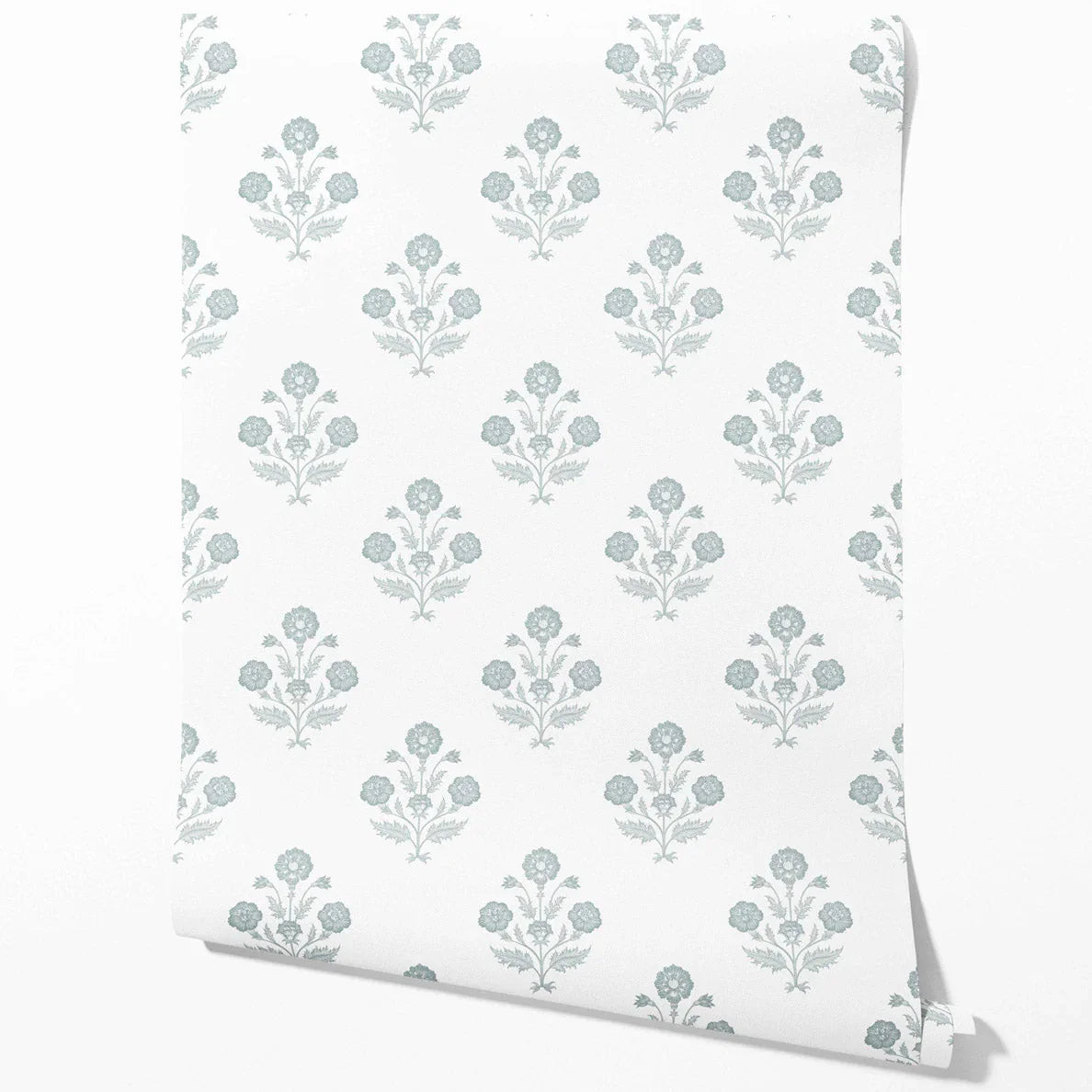 Floral Block Print Traditional Wallpaper (Duck Egg Blue/ White)