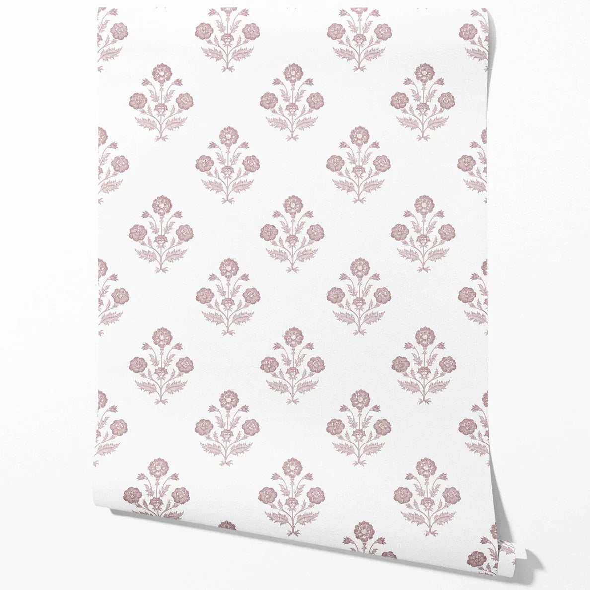 Floral Block Print Traditional Wallpaper Sample (Light Rose Pink/ White)