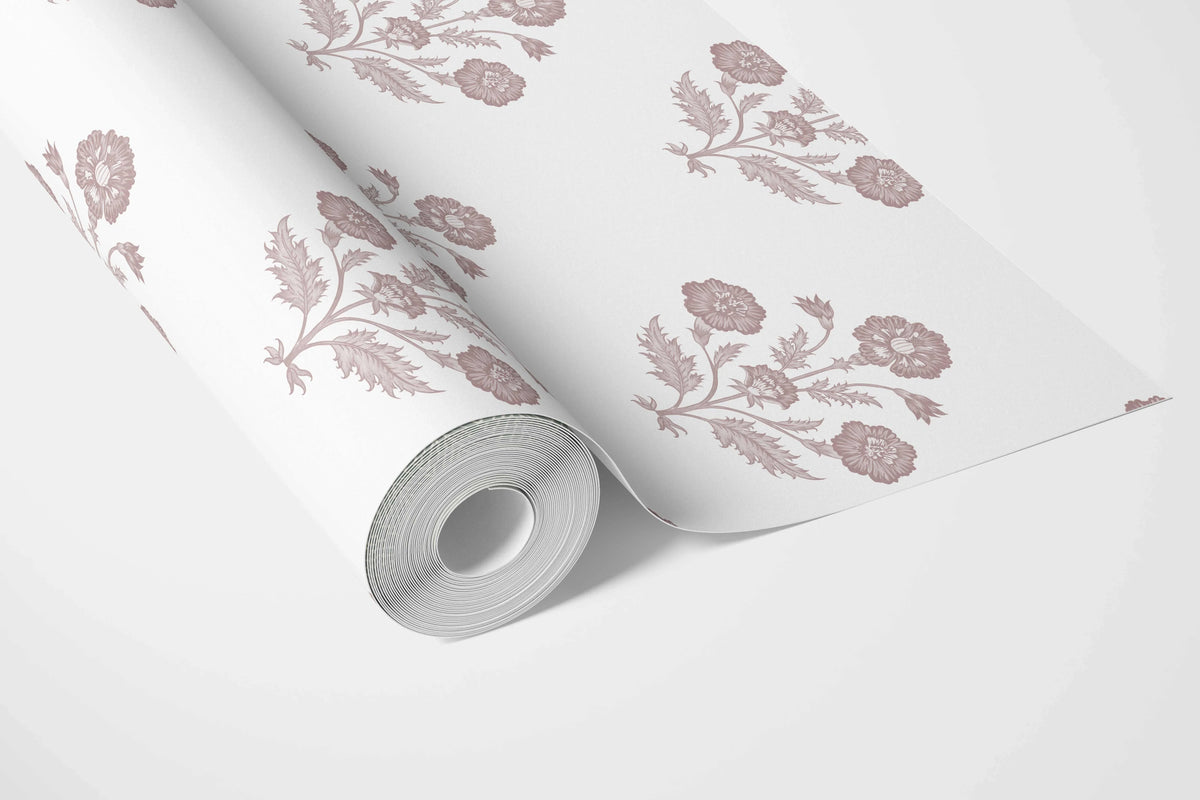 Floral Block Print Bathroom Wallpaper Sample (Light Rose Pink/ White)