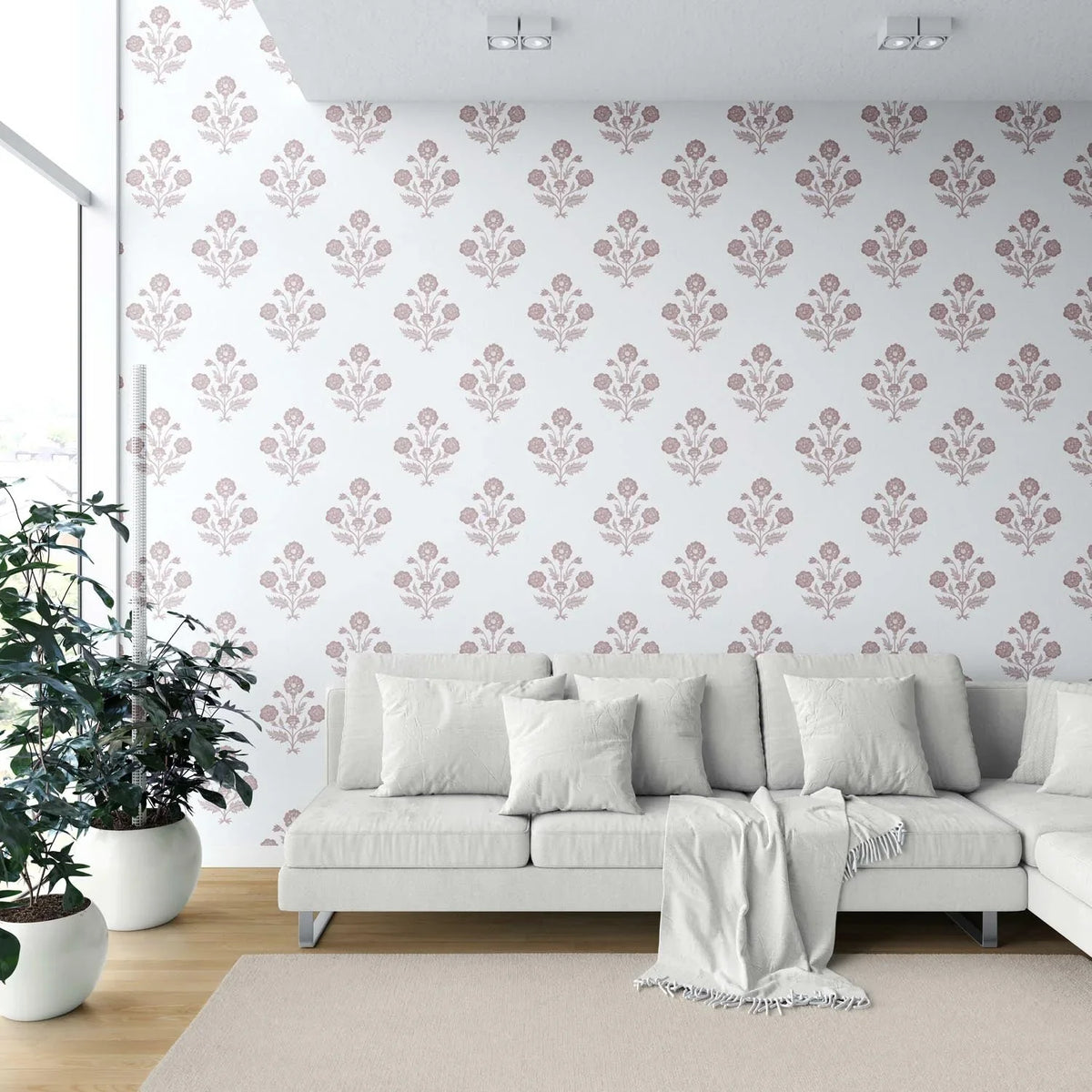Floral Block Print Shower Toilet Wallpaper (Light Rose Pink/ White)