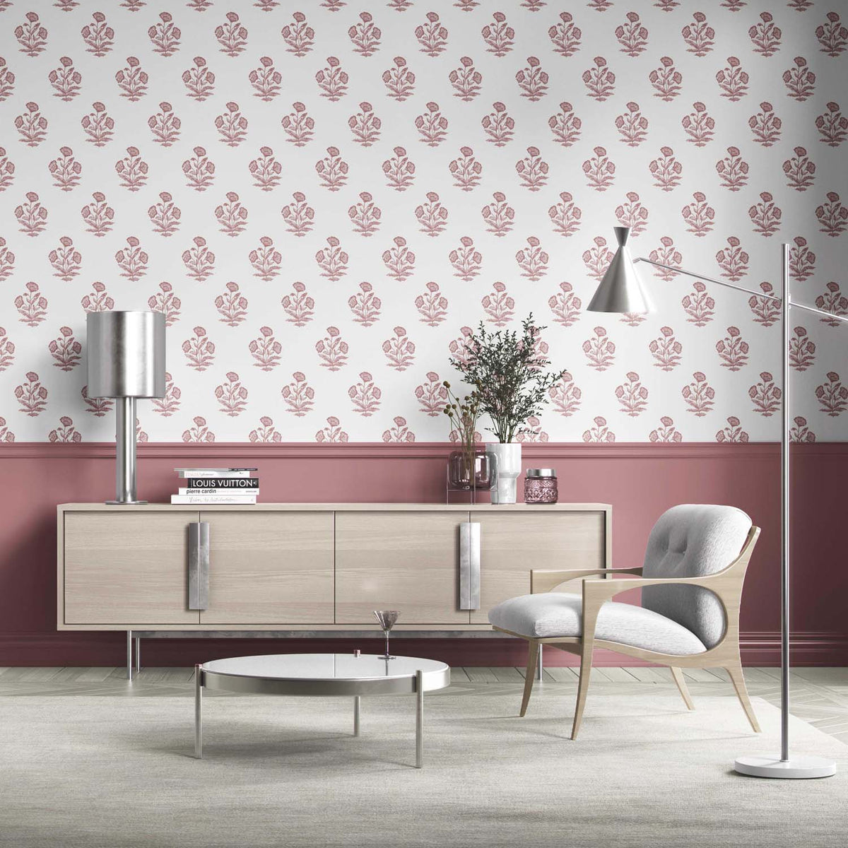 Floral Block Print Kitchen Wallpaper (Pink/ White)