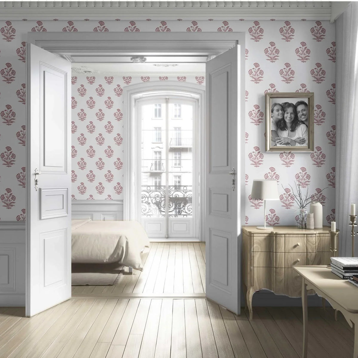 Floral Block Print Living Room Wallpaper Sample (Pink/ White)