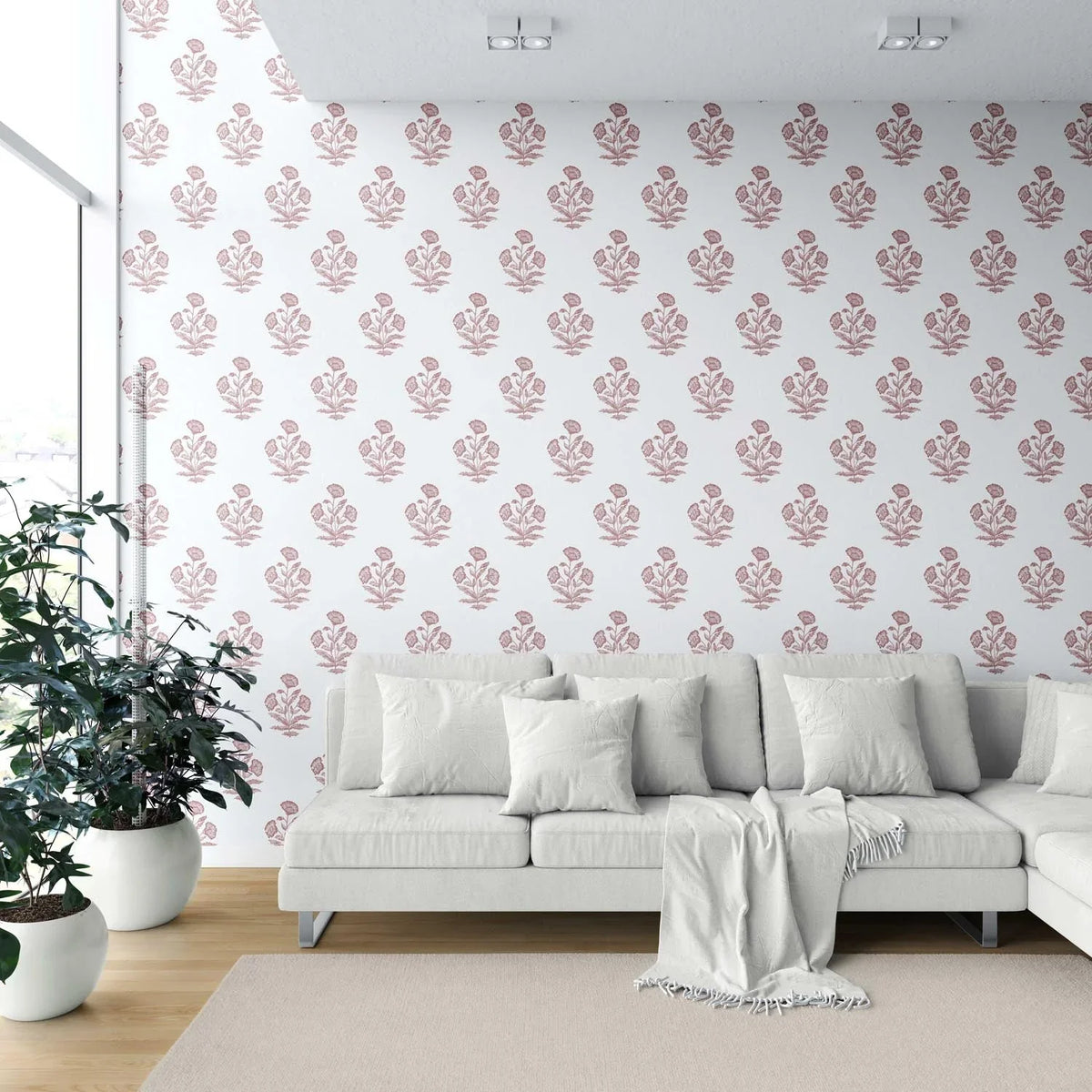 Floral Block Print Shower Toilet Wallpaper (Pink/ White)