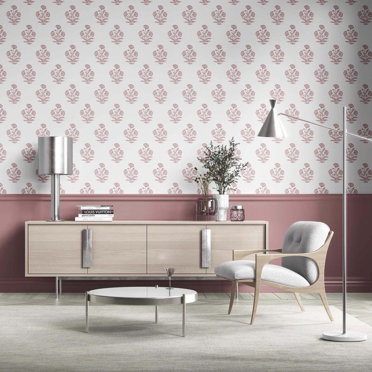 Floral Block Print Kitchen Wallpaper (Light Pink/ White)