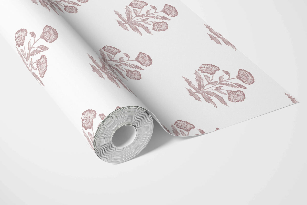 Floral Block Print Bathroom Wallpaper (Light Pink/ White)