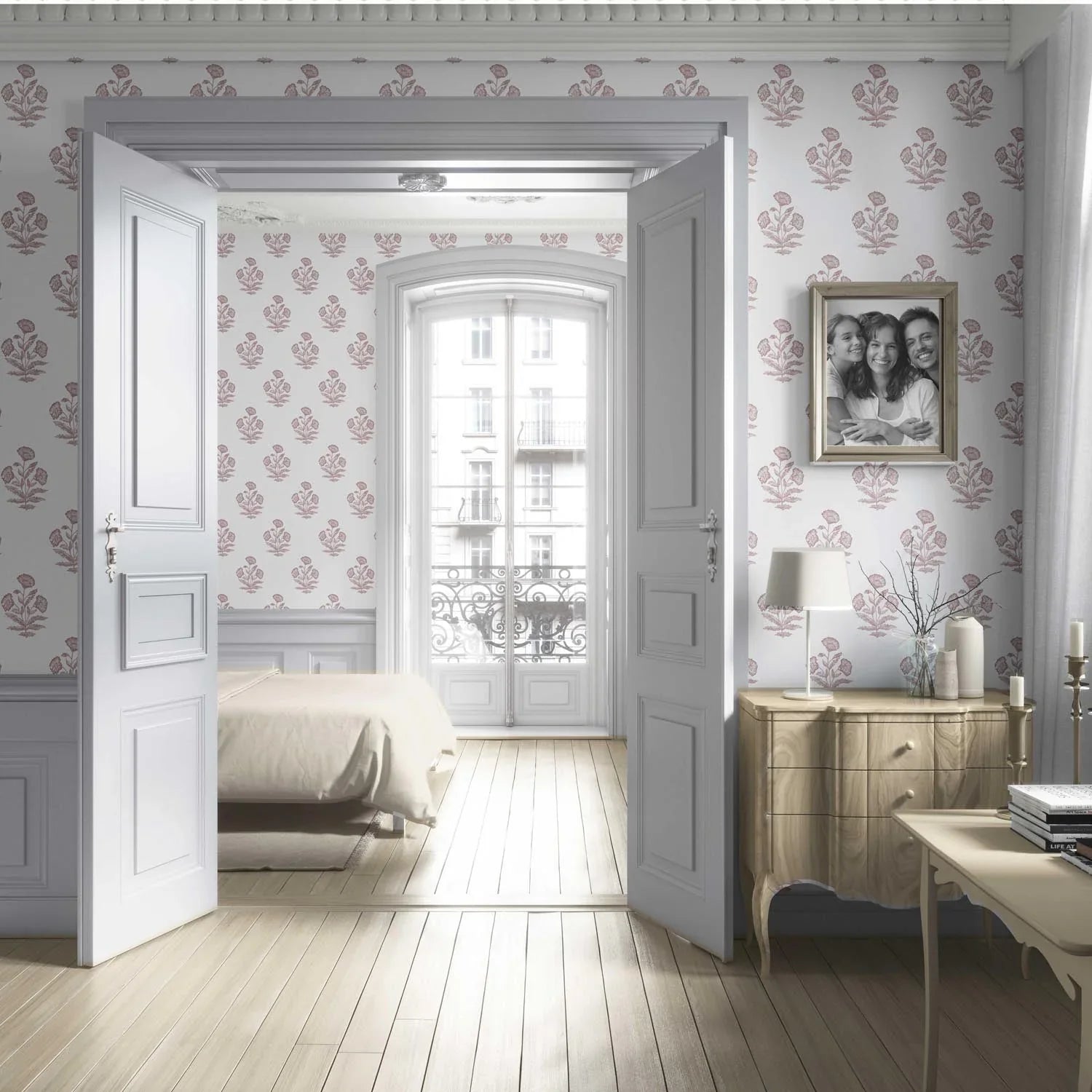 Floral Block Print Living Room Wallpaper Sample (Light Pink/ White)