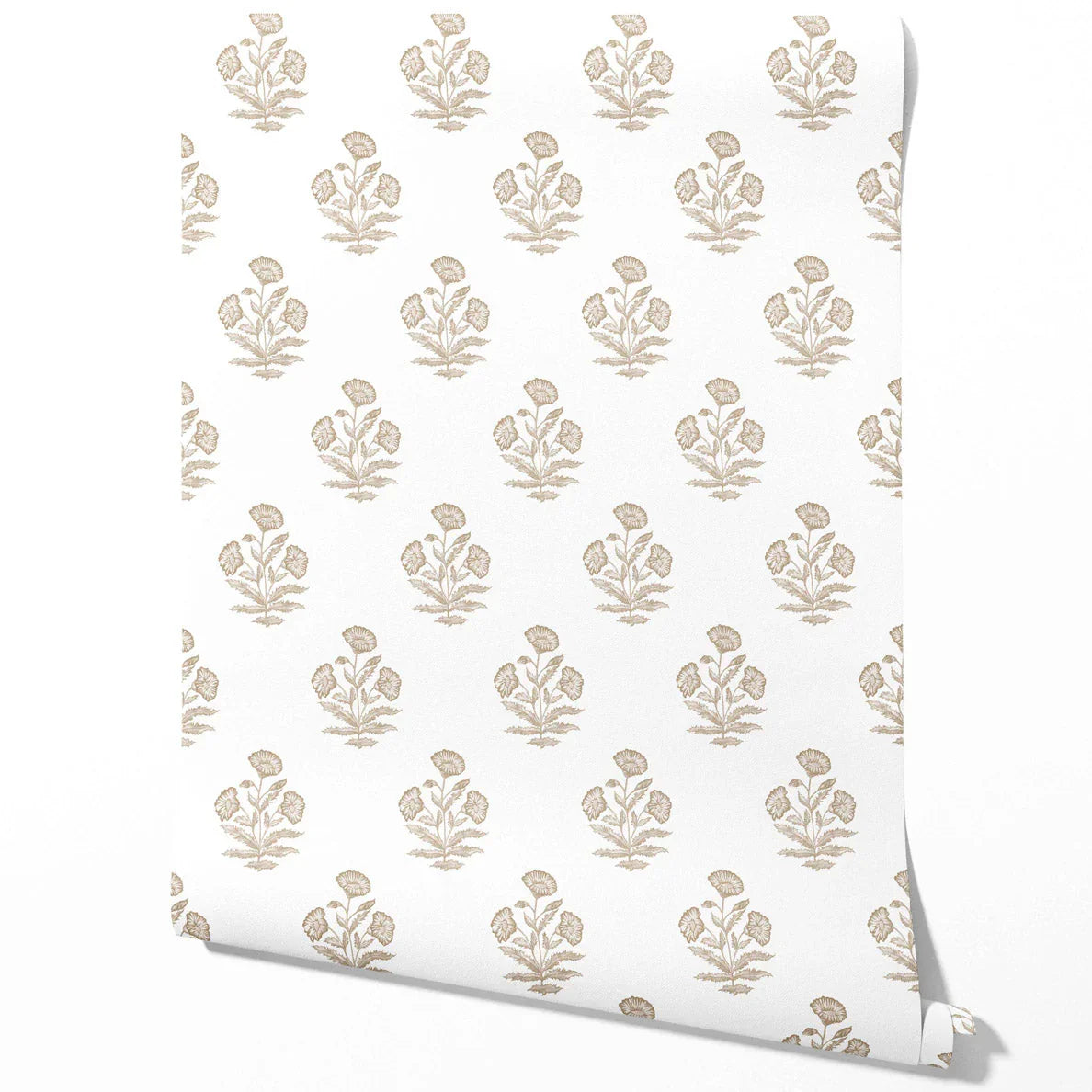 Neutral Floral Block Print Traditional Wallpaper Sample (Beige/ Taupe/ White)
