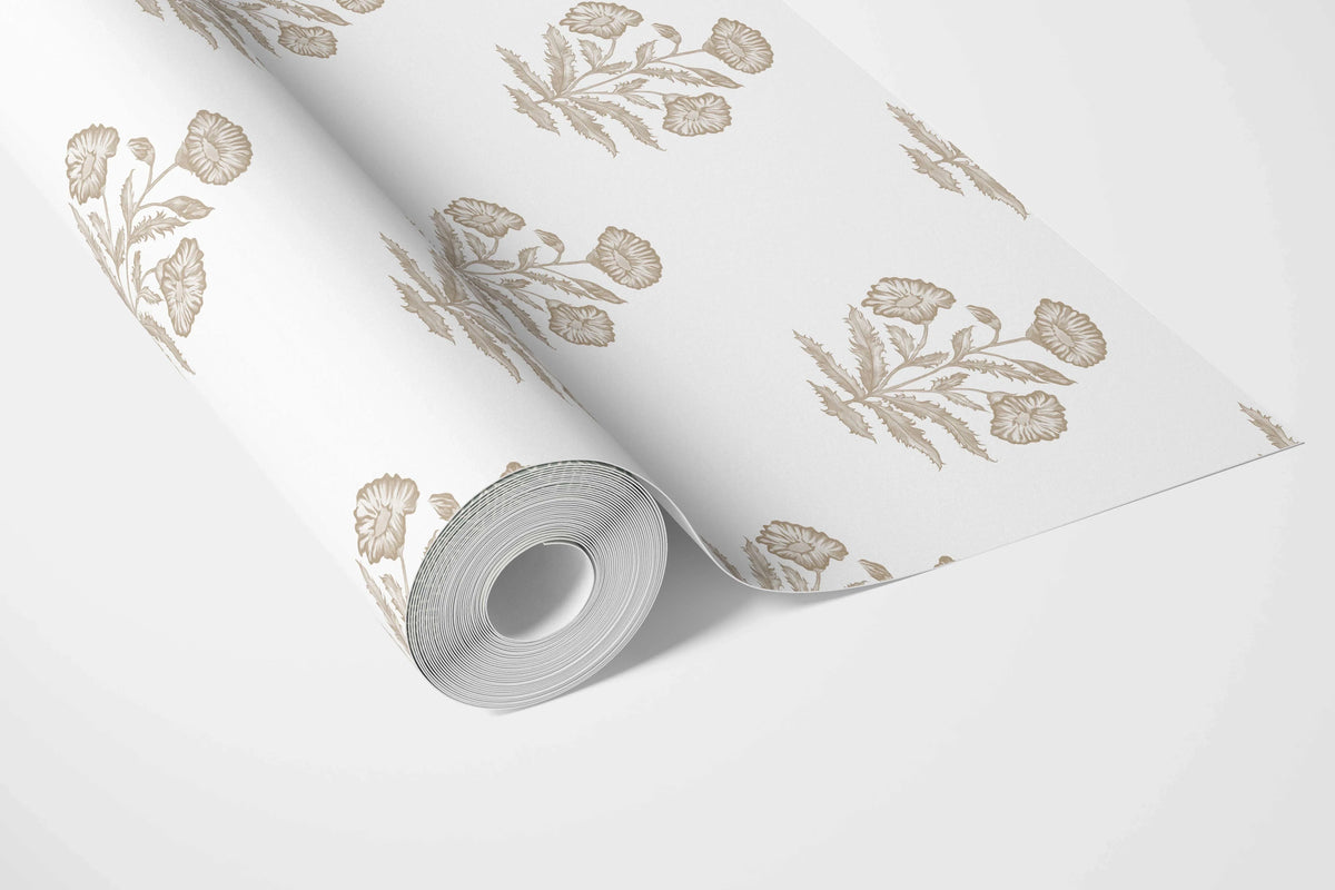 Neutral Floral Block Print Bathroom Wallpaper Sample (Beige/ Taupe/ White)