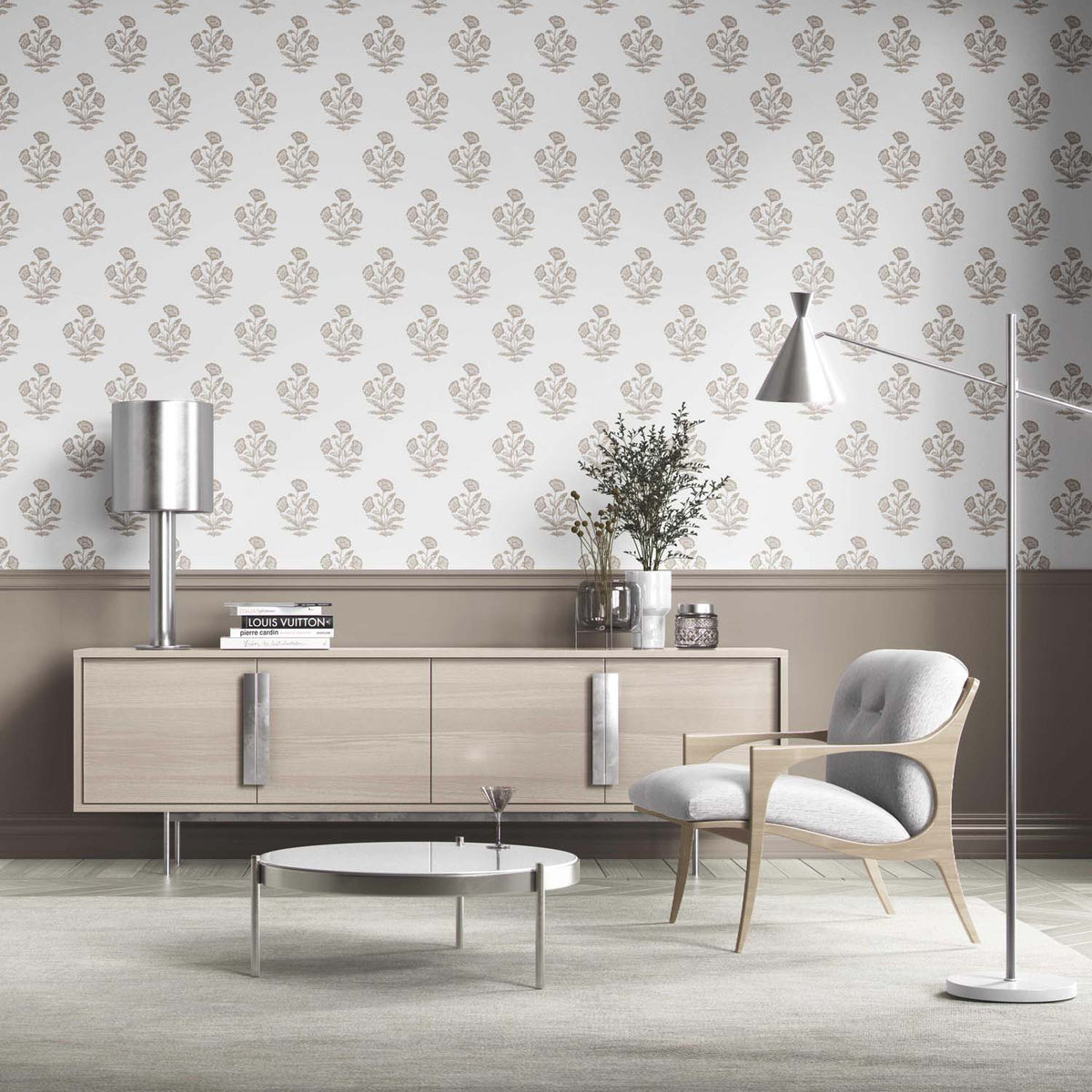 Neutral Floral Block Print Kitchen Wallpaper (Greige/ Warm Gray/ White)