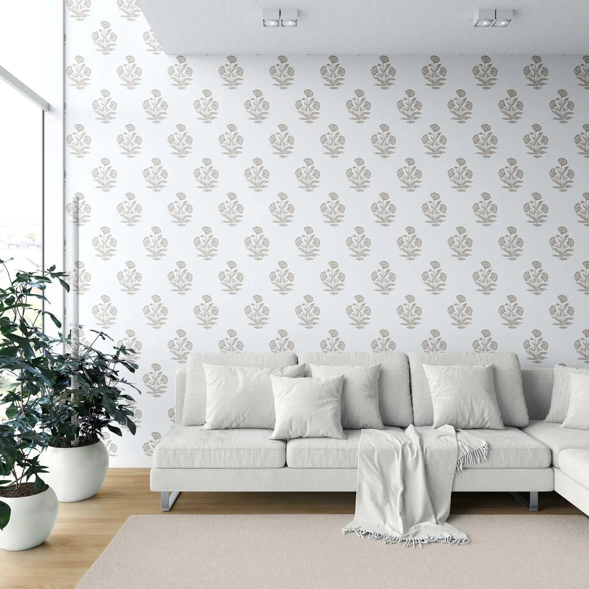 Neutral Floral Block Print Shower Toilet Wallpaper (Greige/ Warm Gray/ White)