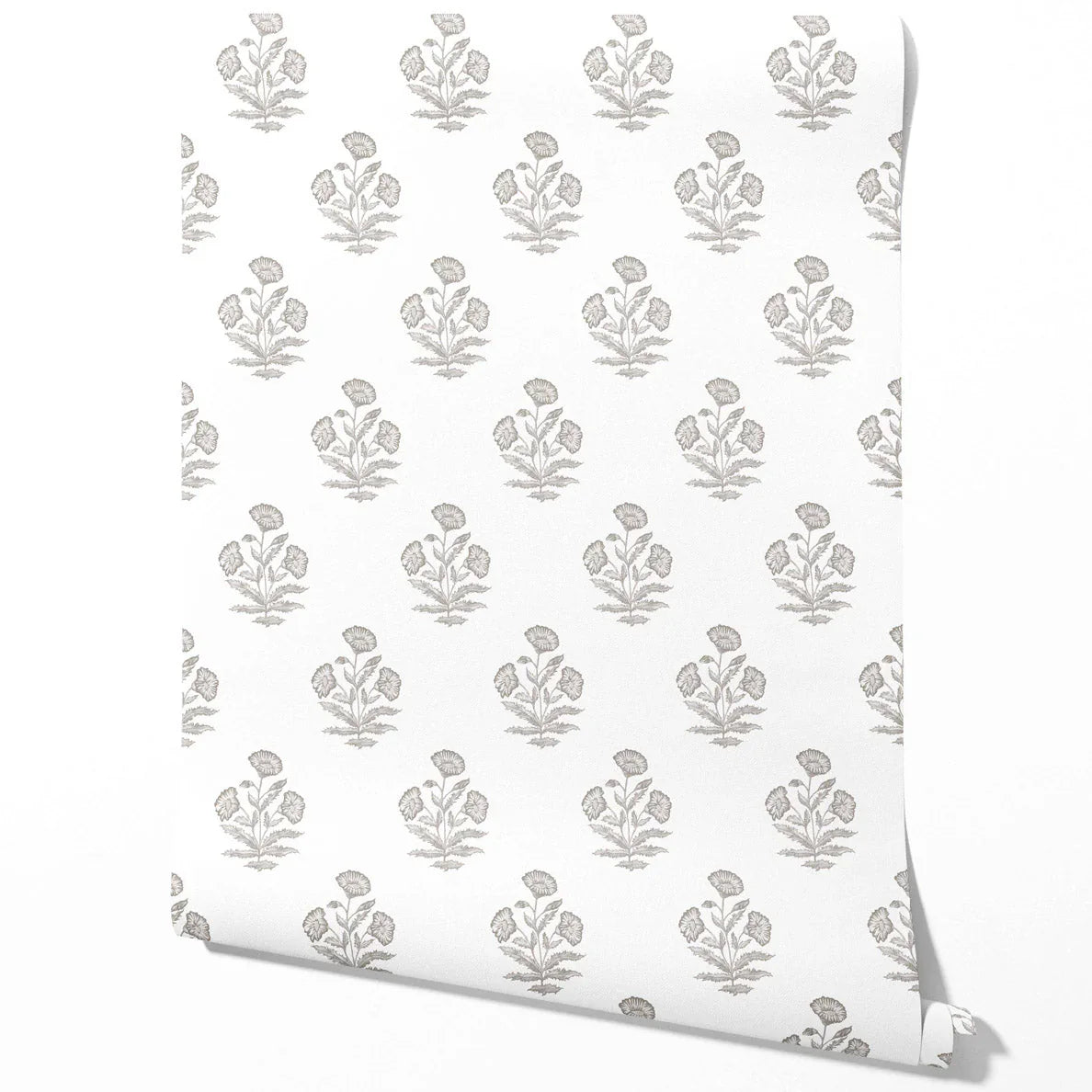 Neutral Floral Block Print Traditional Wallpaper (Gray/ White)