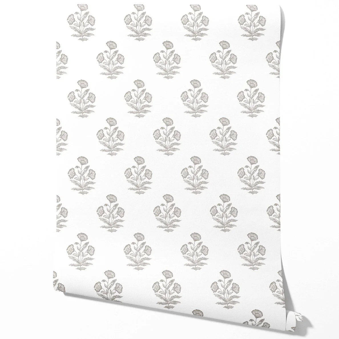 Neutral Floral Block Print Traditional Wallpaper Sample (Gray/ White)