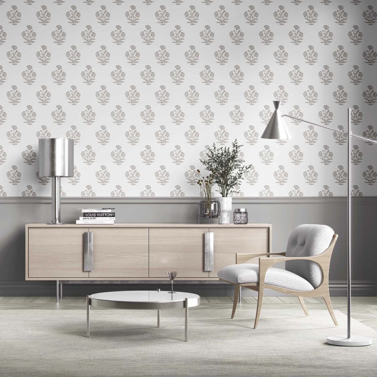 Neutral Floral Block Print Kitchen Wallpaper Sample (Gray/ White)
