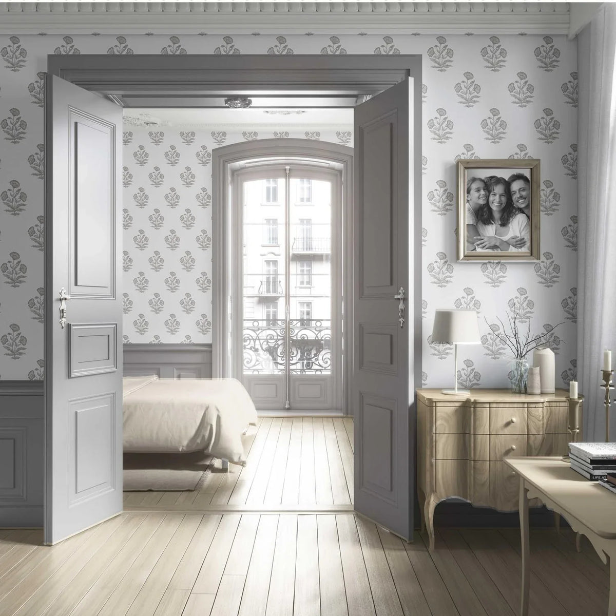 Neutral Floral Block Print Living Room Wallpaper Sample (Gray/ White)