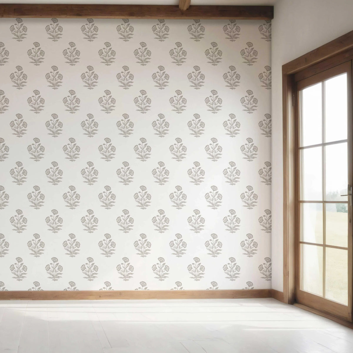 Neutral Floral Block Print Bedroom Wallpaper Sample (Gray/ White)