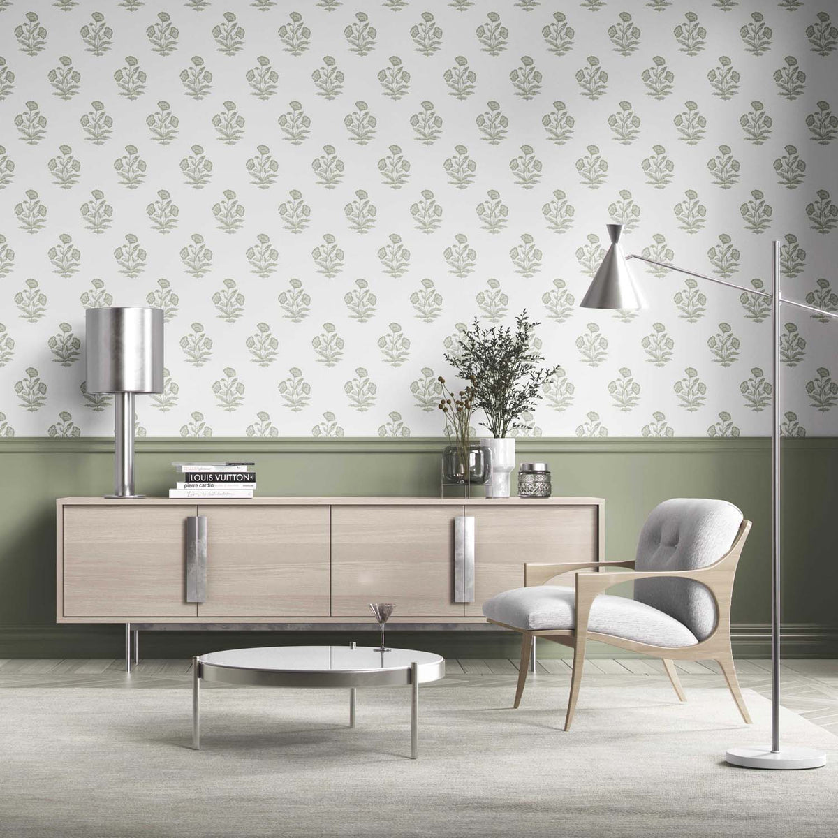 Floral Block Print Kitchen Wallpaper (Green/ White)